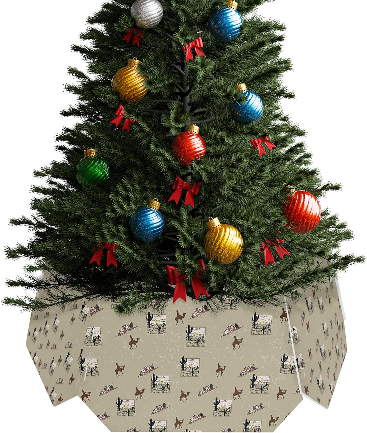 Christmas Tree Collar 6-PCS14.5″x 10″, Christmas Tree Ring Retro Cactus Camel Desert on Mottled Christmas Tree Stands Skirts Base Covers for Xmas