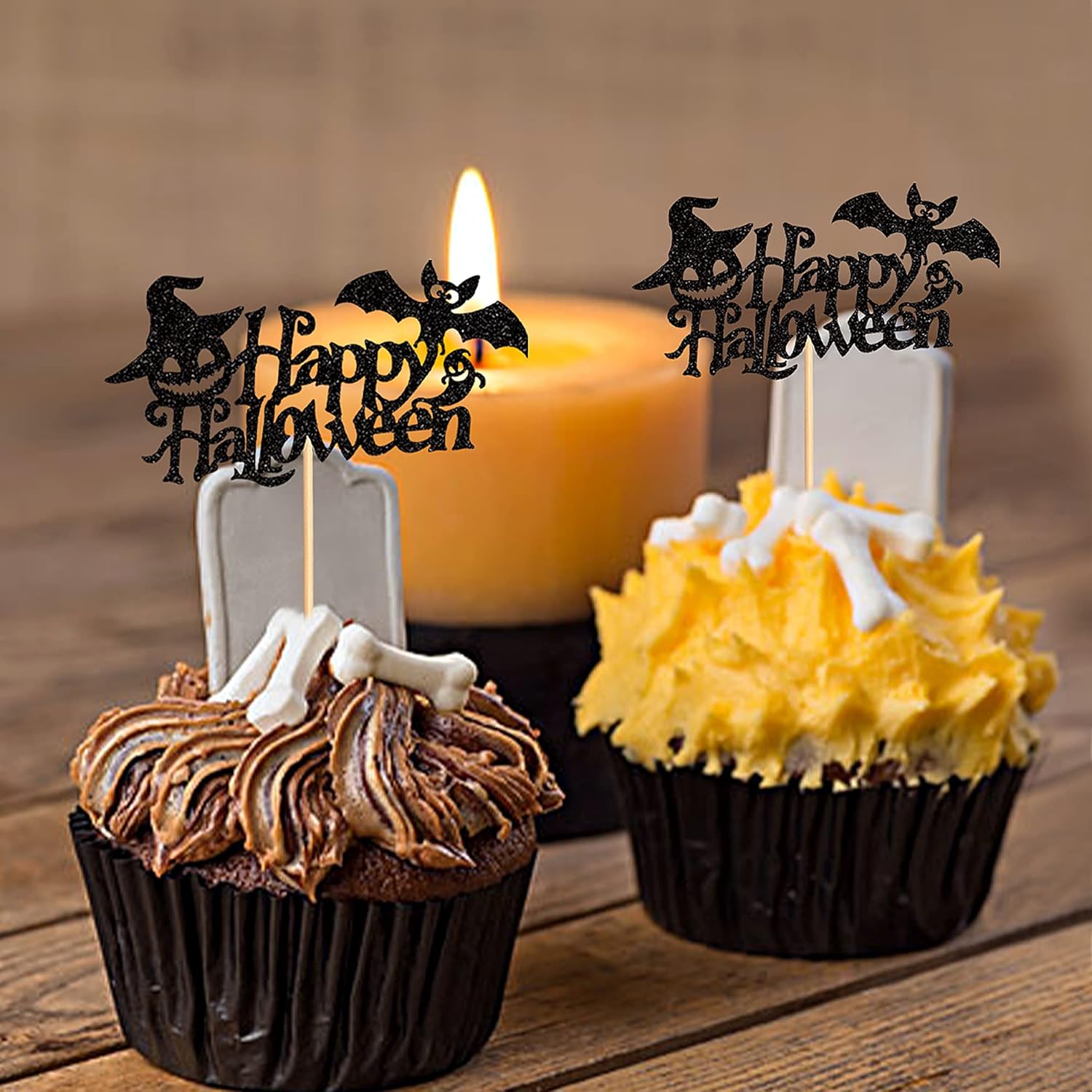 Ercadio Paquete de 24 adornos para cupcakes de Halloween con purpurina negra, murciélago, fantasma, calabaza, sombrero de Halloween para cupcakes,