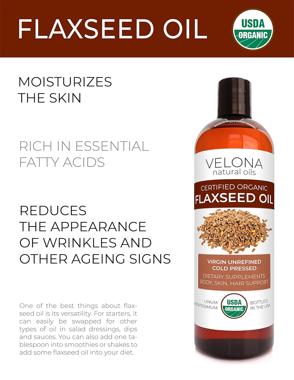 velona Aceite de linaza orgánico certificado por la USDA, 2 onzas, aceite portador 100% puro y natural, sin refinar, prensado en frío, crecimiento