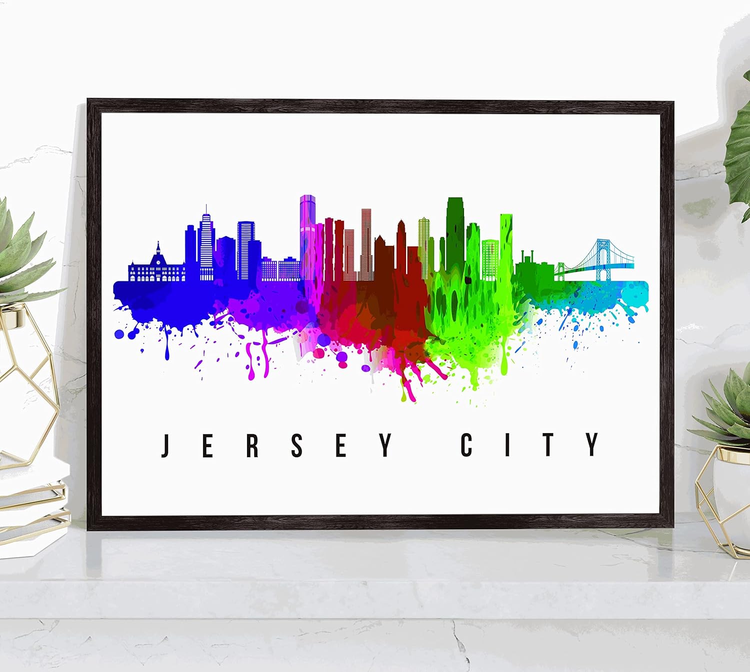 Póster de Jersey City Skyline New Jersey, pintura de paisaje urbano de Nueva Jersey, póster de la ciudad de Jersey Nueva Jersey, impresión de