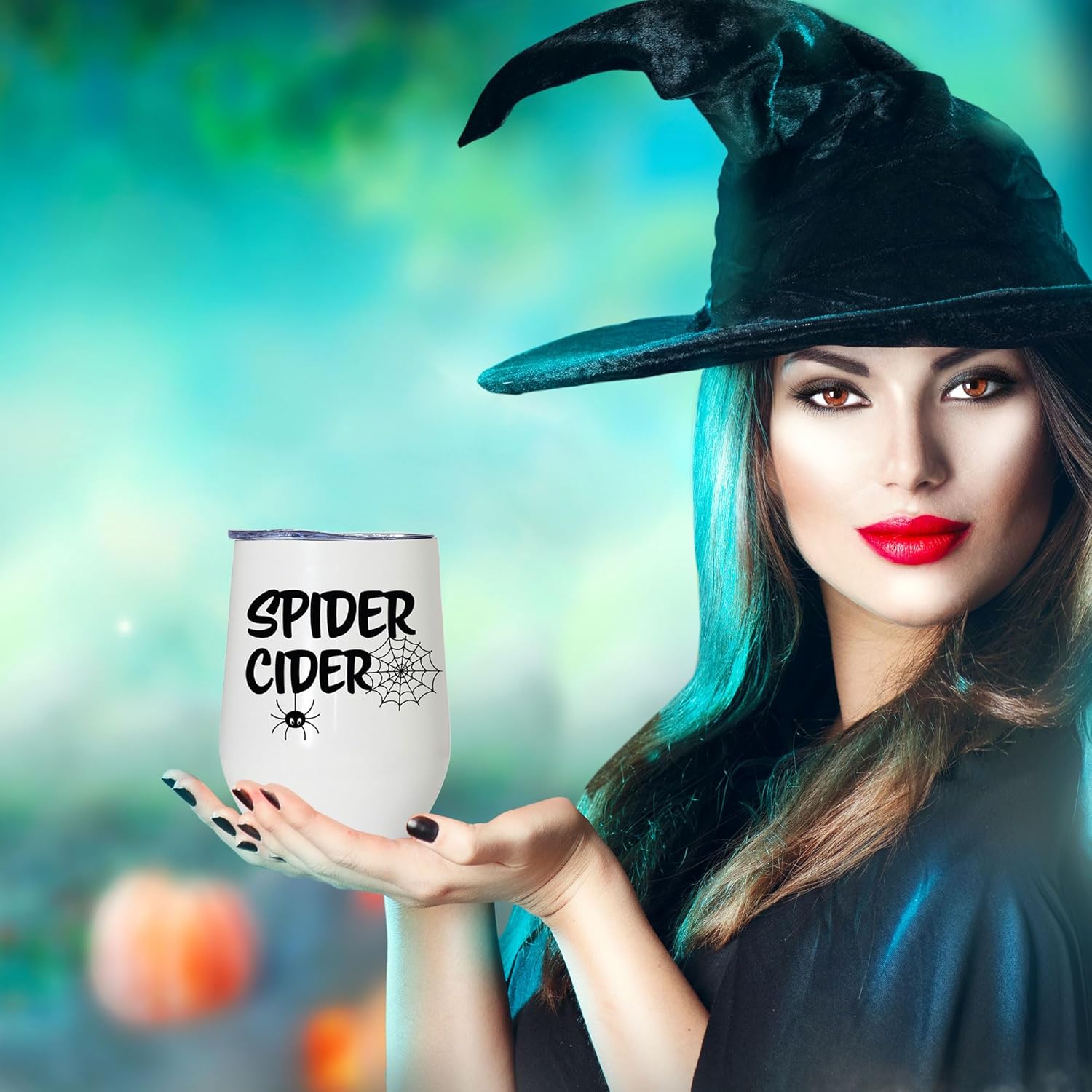 Modern Elegance Vaso de vino de Halloween sin tallo, vaso de vino de 12 onzas con pajilla, bonitos vasos de acero con aislamiento de araña, a prueba