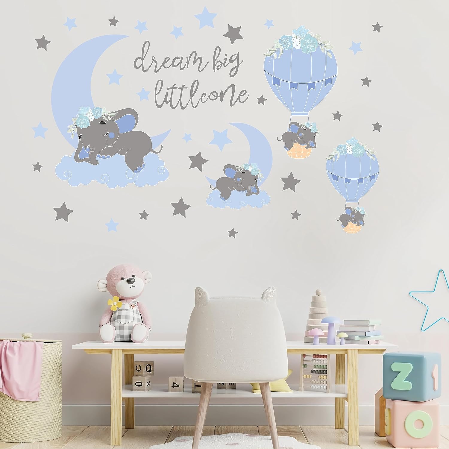 TALLSOCNE Calcomanías de pared Dream Big Little One Elefante, decoración de habitación de bebé, luna azul, globo aerostático, estrellas grises,
