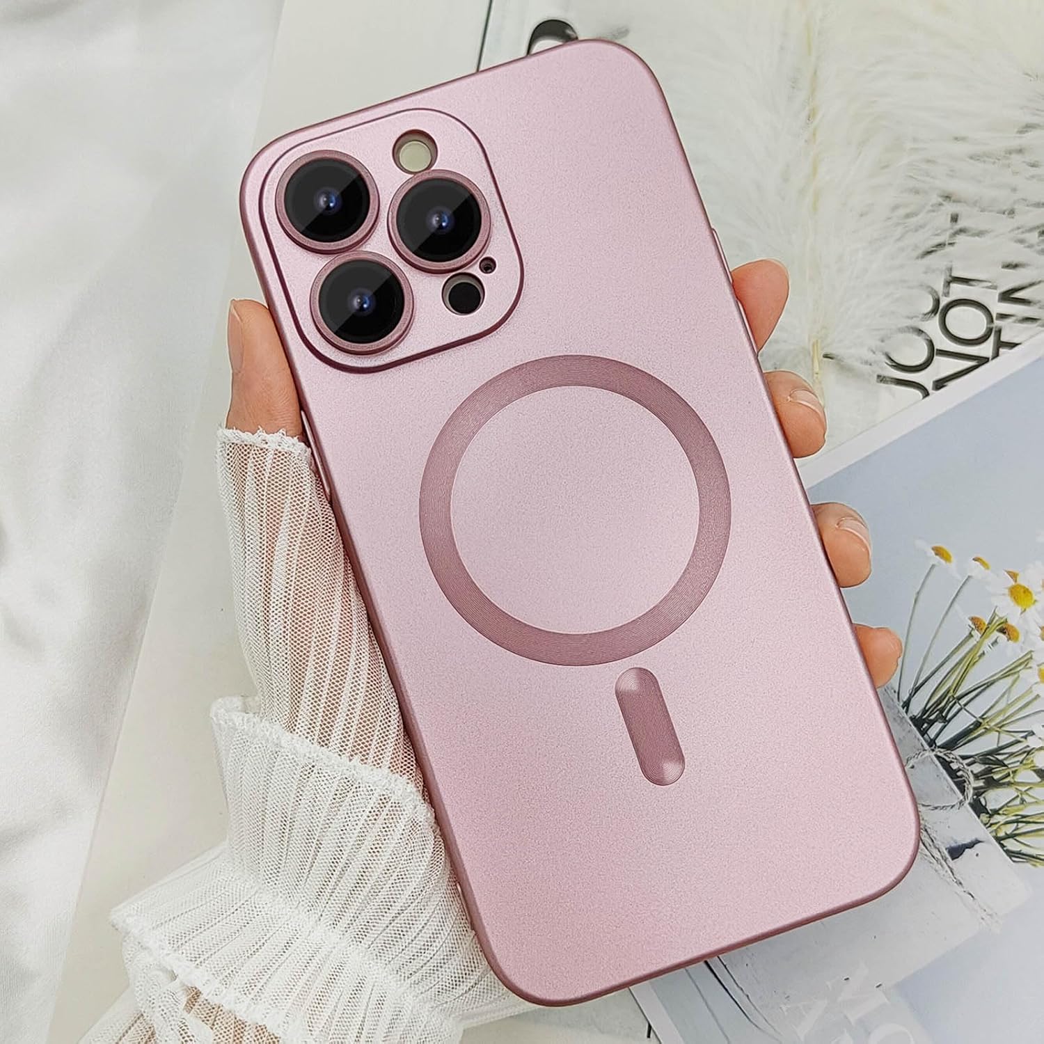 Funda magnética para iPhone 15 Pro Max para mujer, diseño de brillo metálico suave mate de lujo con protector de lente de cámara, compatible con