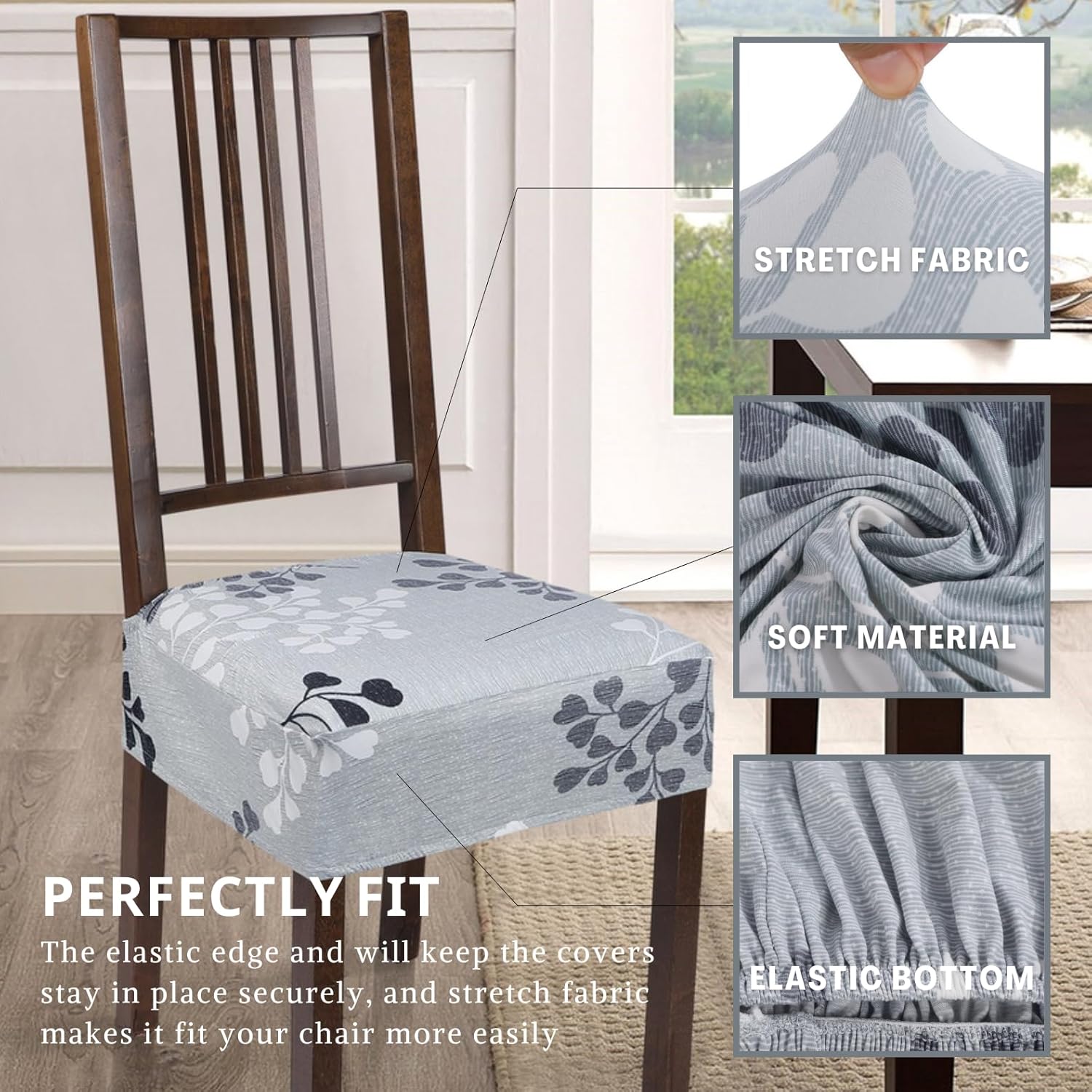 SearchI Juego de 6 fundas elásticas para asiento de silla de comedor, suaves, extraíbles y lavables, de poliéster, elastano, geométricas y flores