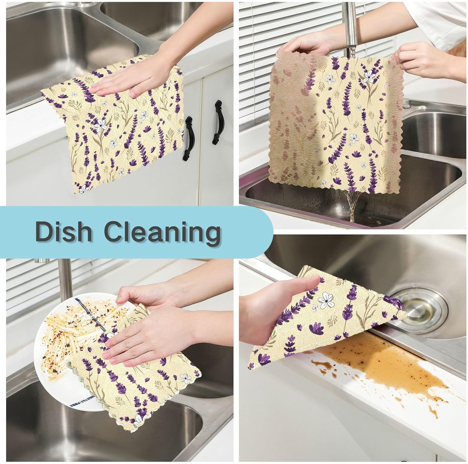 Purple Lavender Cotton Print Microfiber Dish Towel Quick Dry Set of 6 Tea Cup Kitchen Towels for Countertop Sink