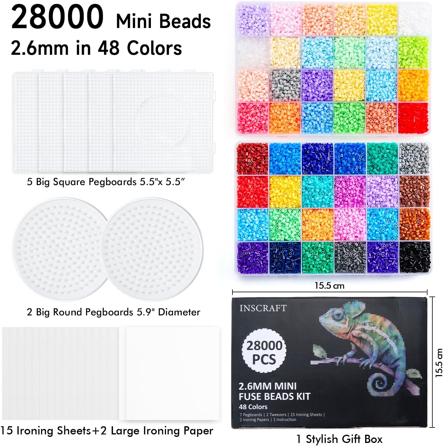Kit de 28,000 mini cuentas de fusibles de 0.096 pulgadas, 48 colores, 7 tableros de clavijas, 15 roning, 2 pinzas, 2 papeles de roneo, cuentas de