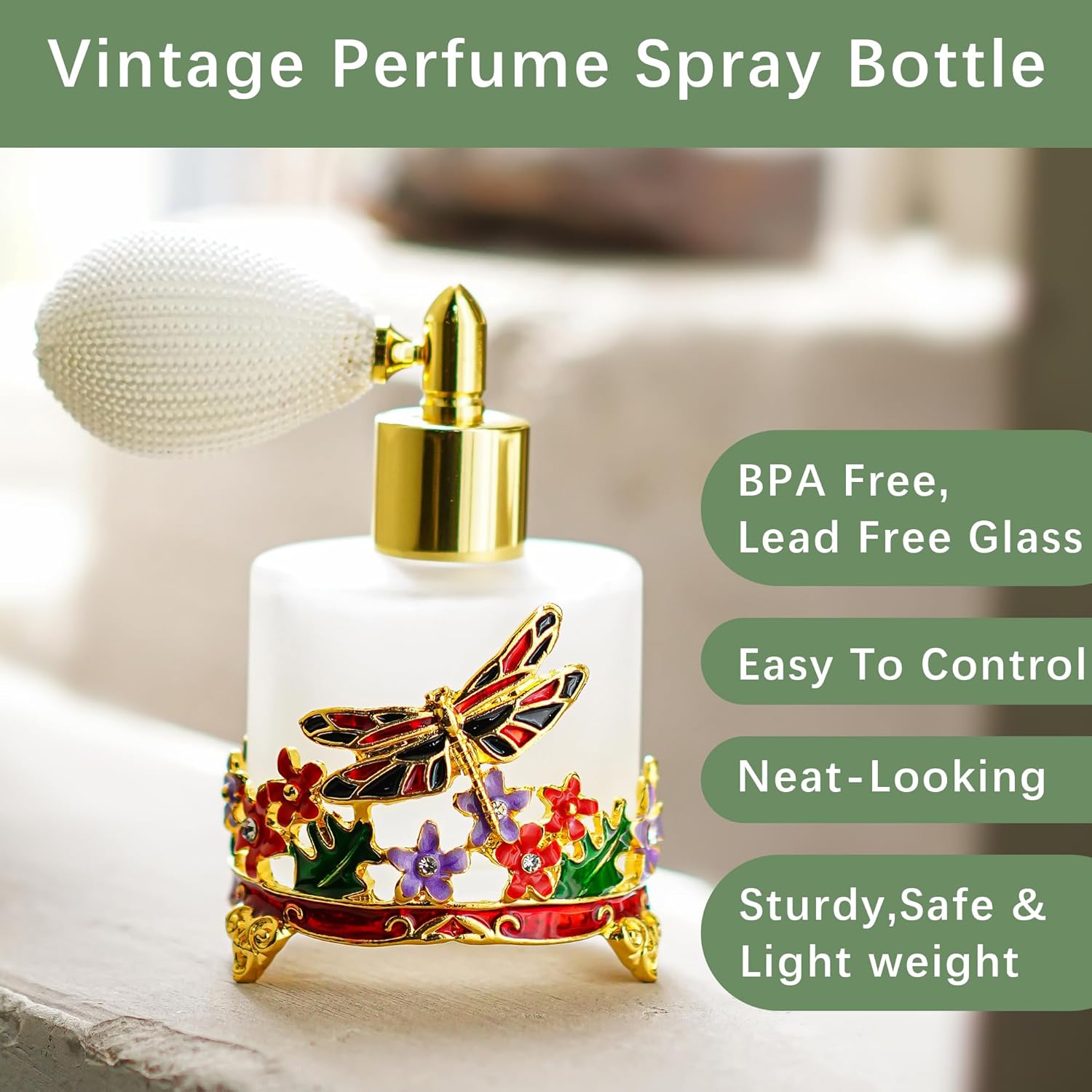 YU FENG Botella de perfume vintage de libélula, botella de perfume redonda recargable de 0.5 fl oz, atomizadores, botellas de vidrio esmerilado,