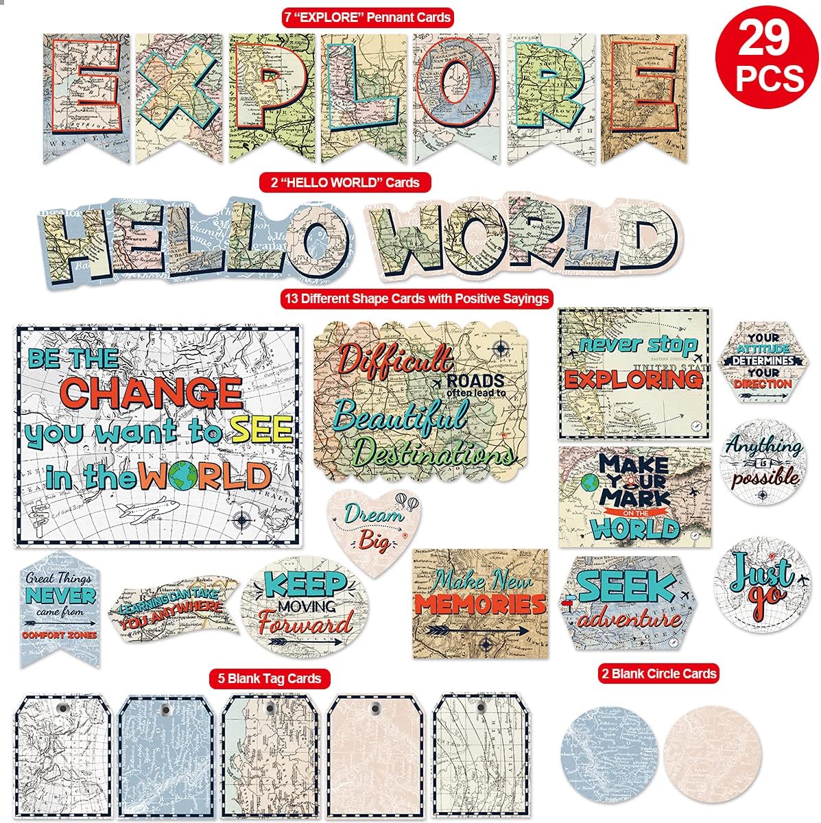 Juego de tablones de anuncios de viaje, decoración de aula con mapas, 29 piezas