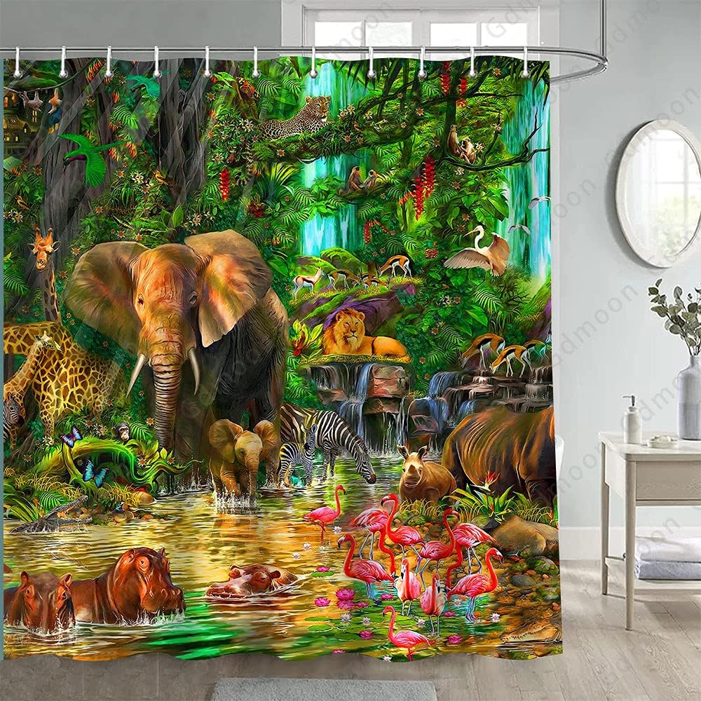 Cortina de ducha de animales de selva tropical, selva, elefante, león, flamenco, jirafa, cebra, mono, rinoceronte, vida silvestre, zoológico, para
