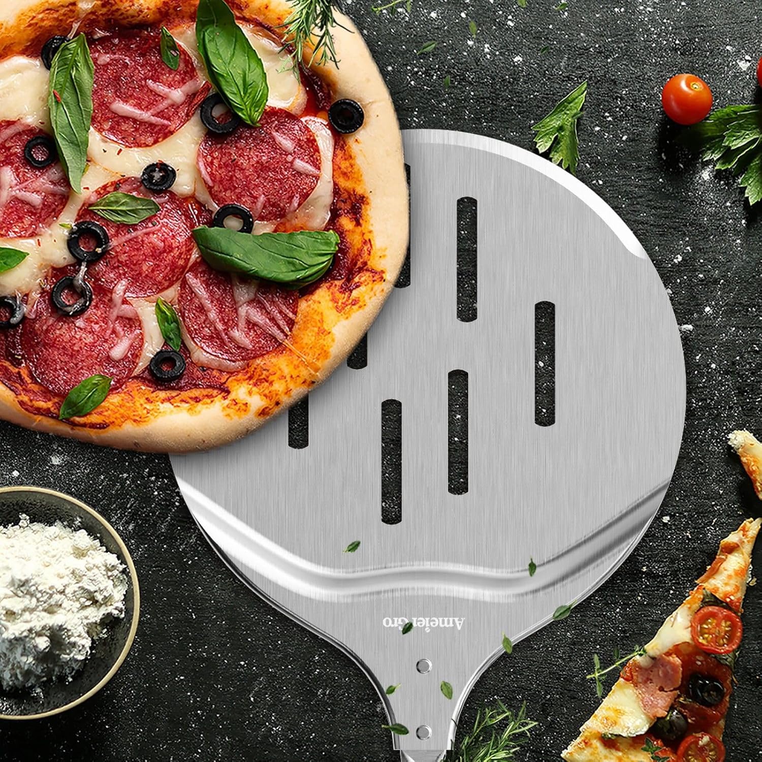 AmeierGro Pala giratoria y giradora de pizza de 9 pulgadas, accesorios para horno de pizza, cucharas giratorias de pizza Pala con mango extensible