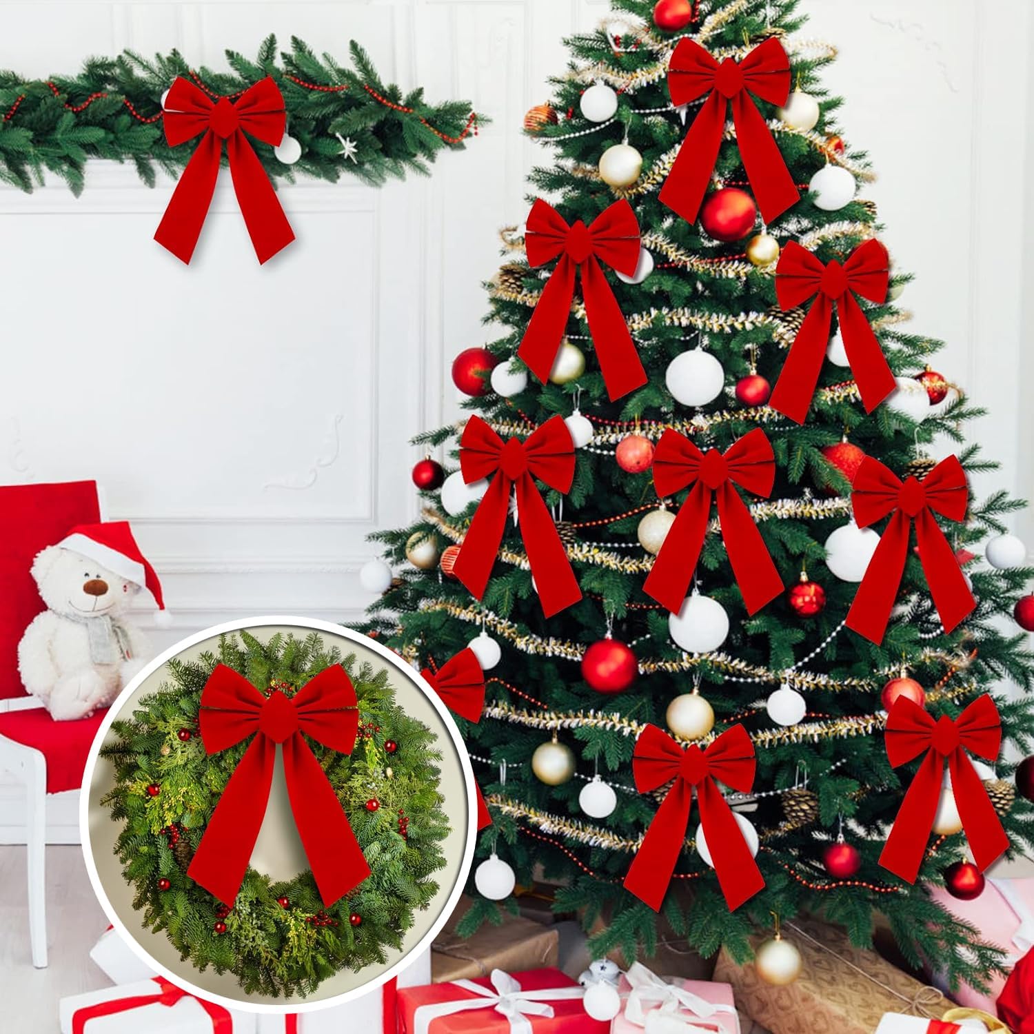 Paquete de 12 lazos de Navidad de terciopelo rojo, lazo grande de 9 x 11 pulgadas para decoración de árbol de Navidad, grandes lazos de Navidad para