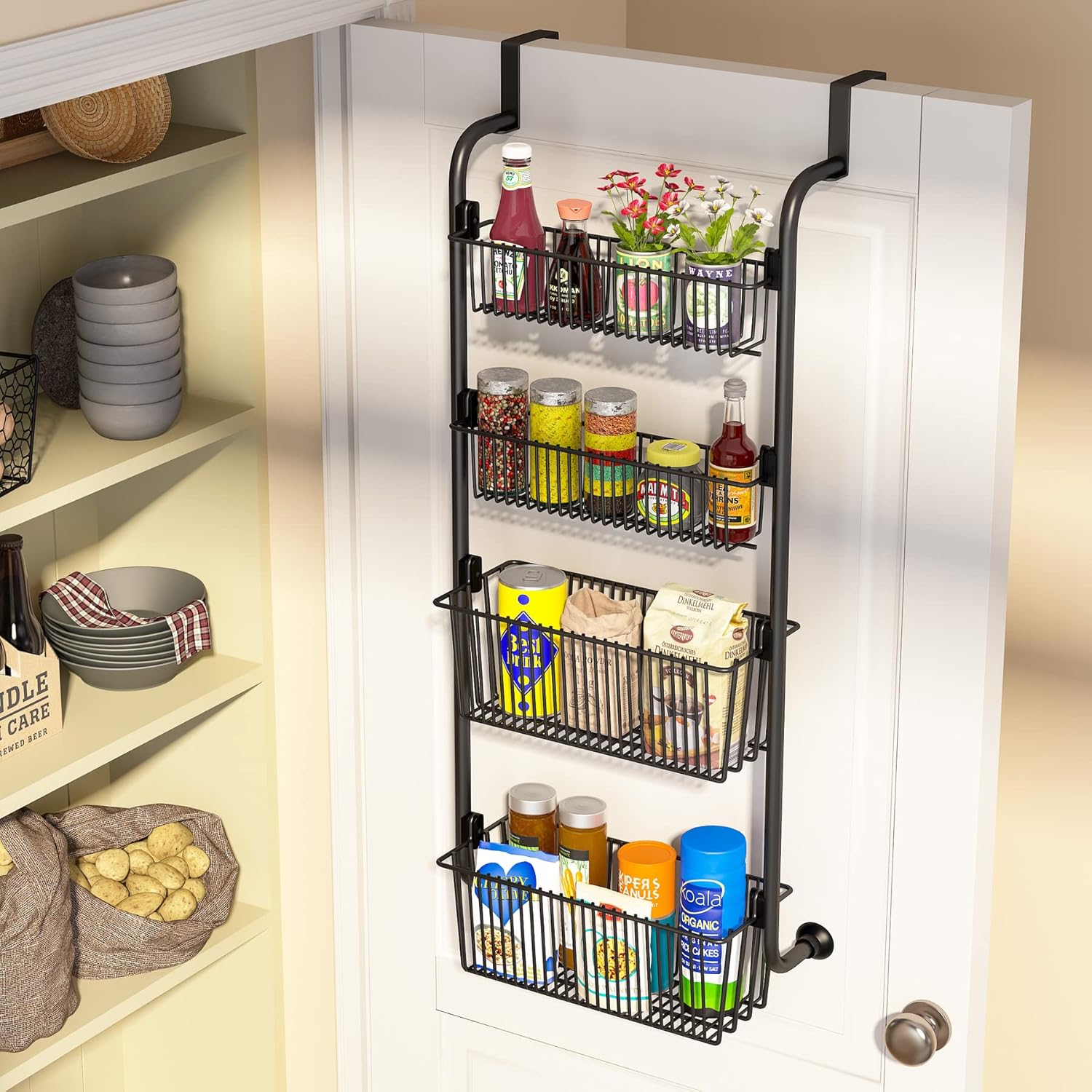 1Easylife Estante organizador sobre la puerta, 4 cestas de organización y almacenamiento de puerta de despensa, estante de especias de cocina de