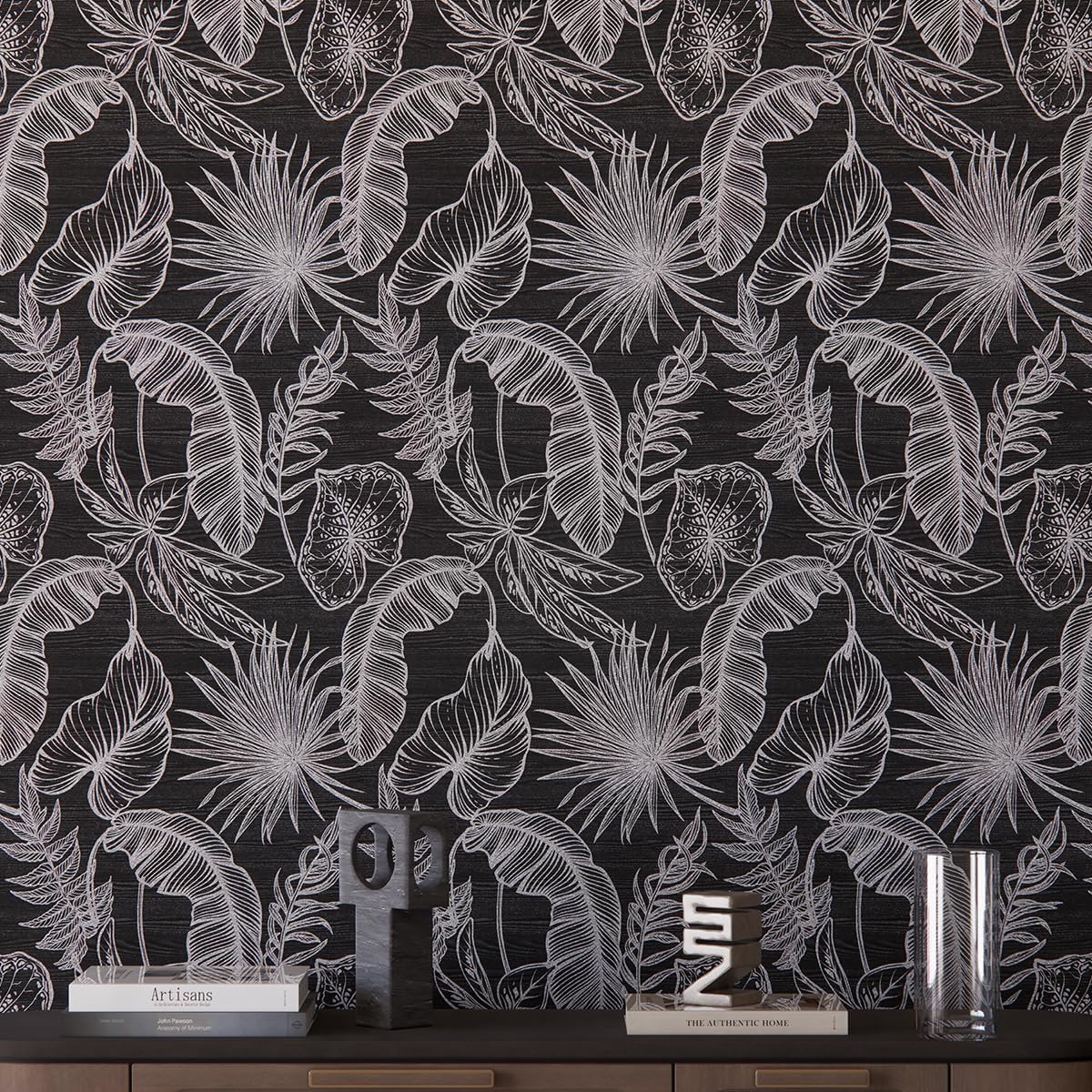 Papel tapiz de vinilo autoadhesivo con hojas de otoño bohemias, color negro, blanco, autoadhesivo, extraíble, retro, decoración de pared, sala de