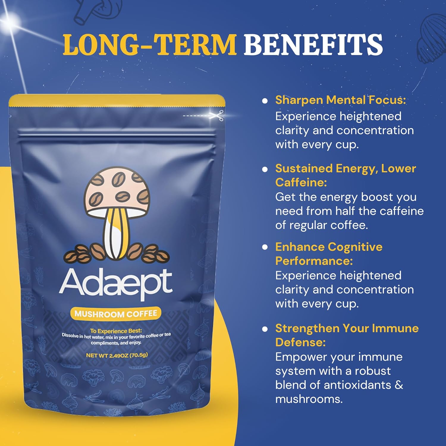 Adaept Café de hongos – Melena de león, Cordyceps, Reishi, Chaga, Shiitake y cola de pavo  Cacao peruano orgánico, raíz de diente de león y café