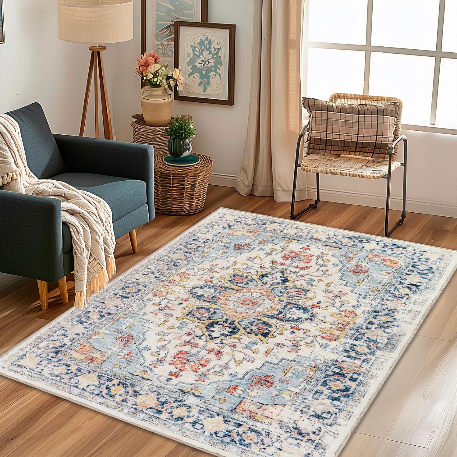 Homcomoda Alfombra de área pequeña de 3 x 5 pies, antideslizante, lavable para entrada, alfombra de entrada de pelo bajo, alfombras vintage para