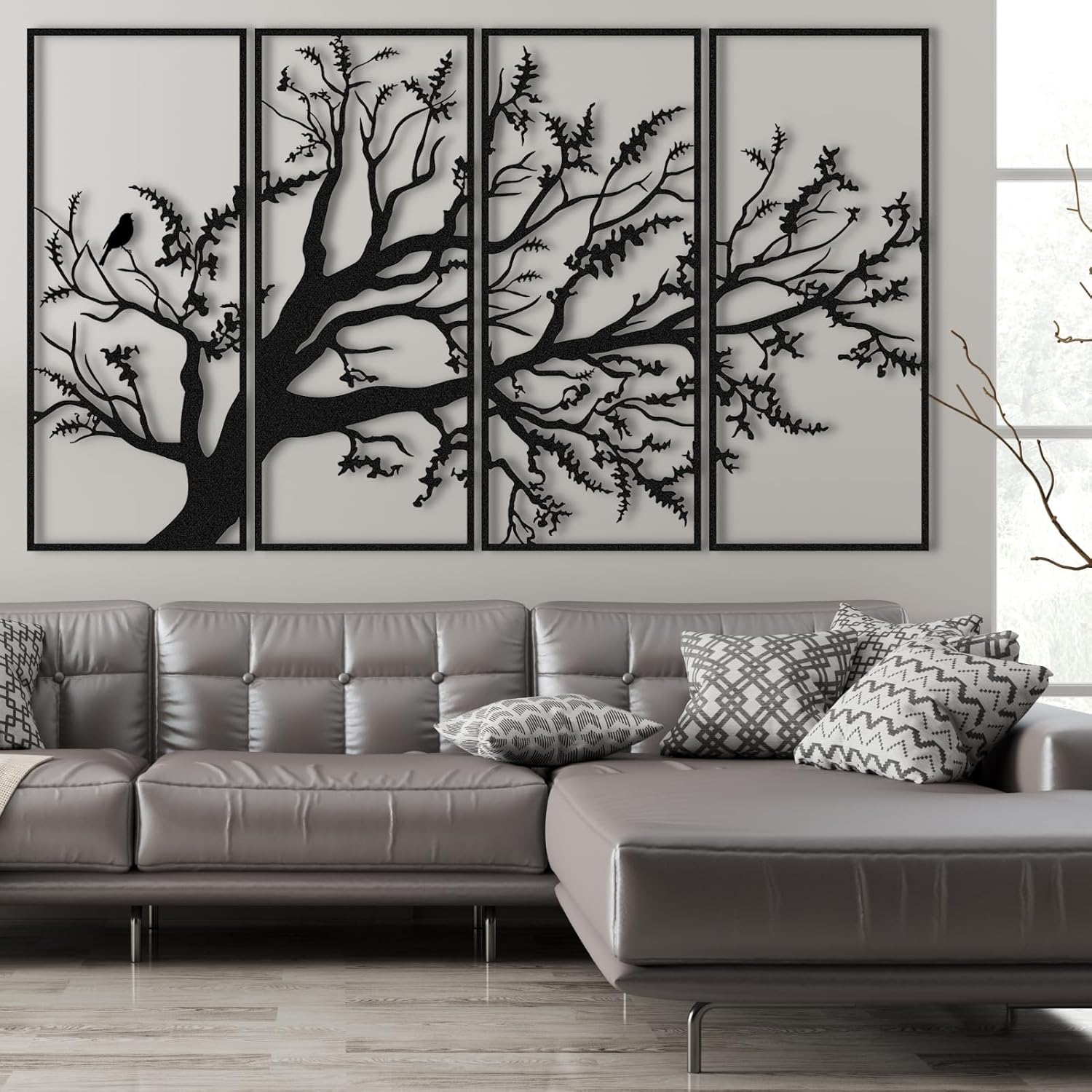Arte de pared con árbol de la vida, juego de 4 piezas de arte de pared de árbol de metal, letrero de árbol, arte de pared de metal del árbol de la