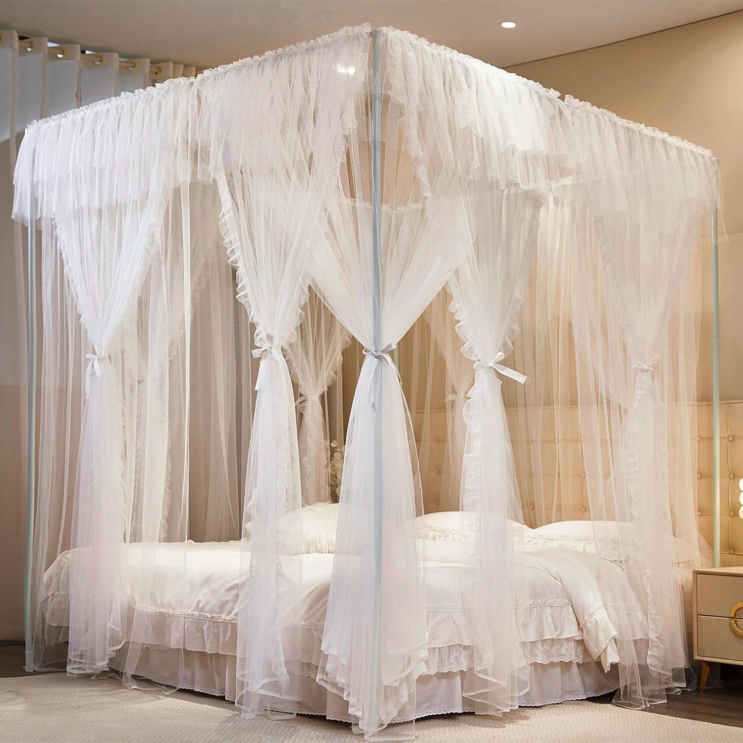 AIOOO Cortinas de princesa de 4 esquinas para niñas, 8 paneles, cortinas de malla transparente de doble capa, decoración de habitación de niñas