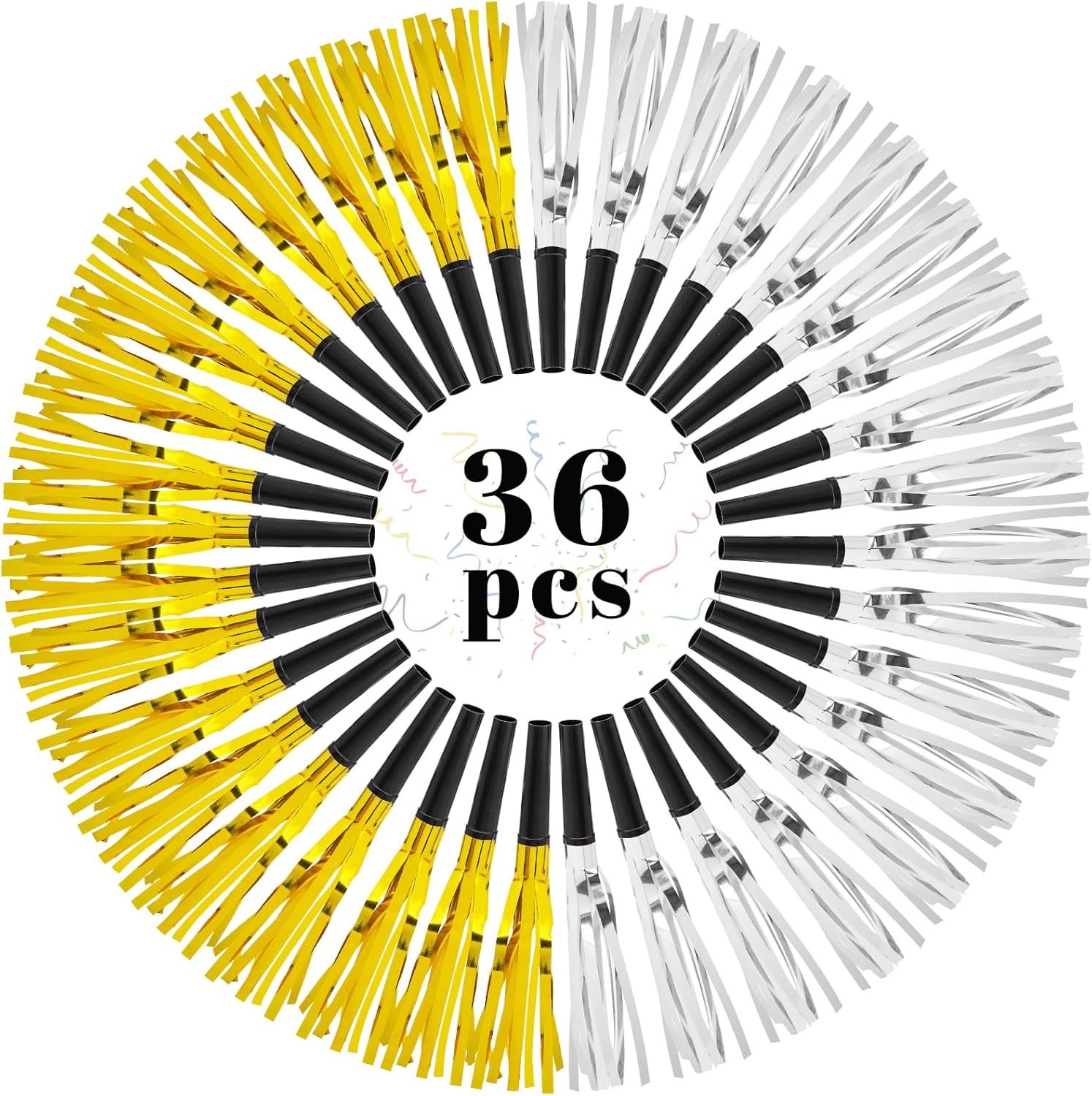LovesTown 36 sopladores metálicos con flecos para fiestas, con purpurina, color dorado y plateado, silbatos para niños, adultos, cumpleaños, Año