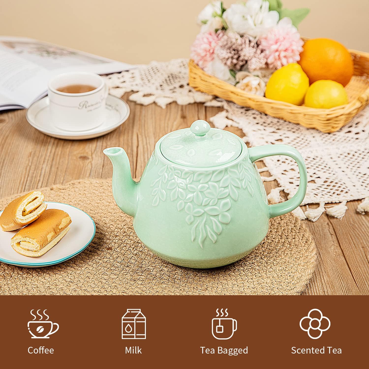 Toptier Tetera de hojas, tetera de porcelana con infusor y tapa, tetera de cerámica de hojas florecientes y sueltas, 37 onzas, verde claro