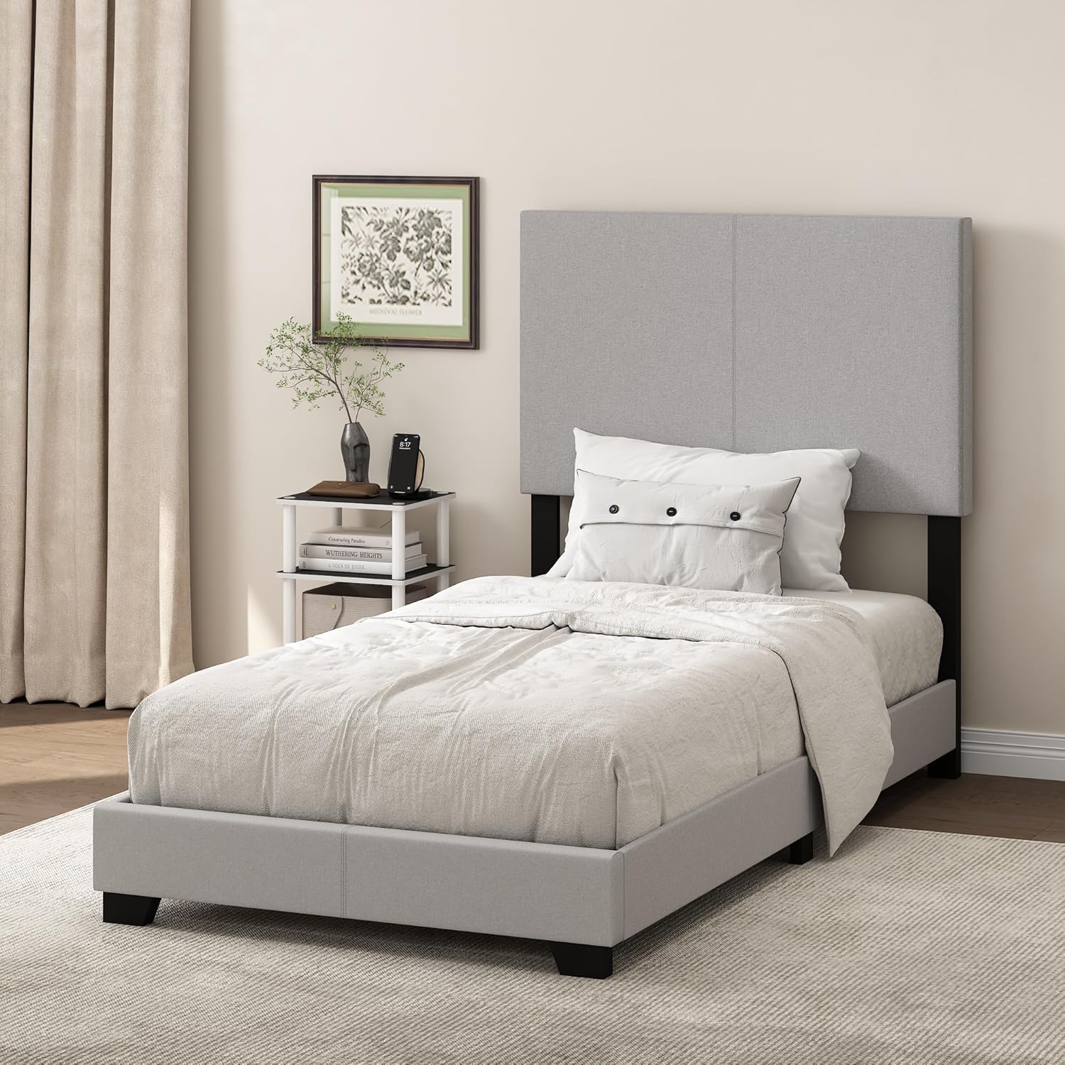 Furinno Pessac – Marco de cama tapizado de tela con soporte de listones de madera, tamaño individual, glaciar