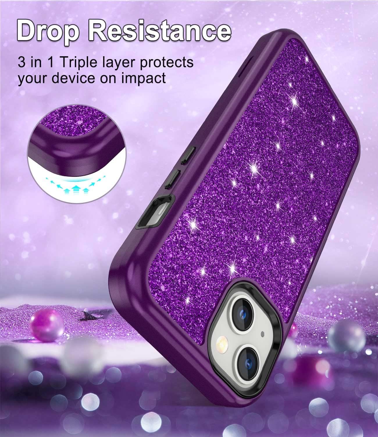 CASEFIV Funda de mármol para iPhone 13, 3 en 1, resistente a los golpes, policarbonato duro y silicona, 6.1 pulgadas, purpurina púrpura oscuro