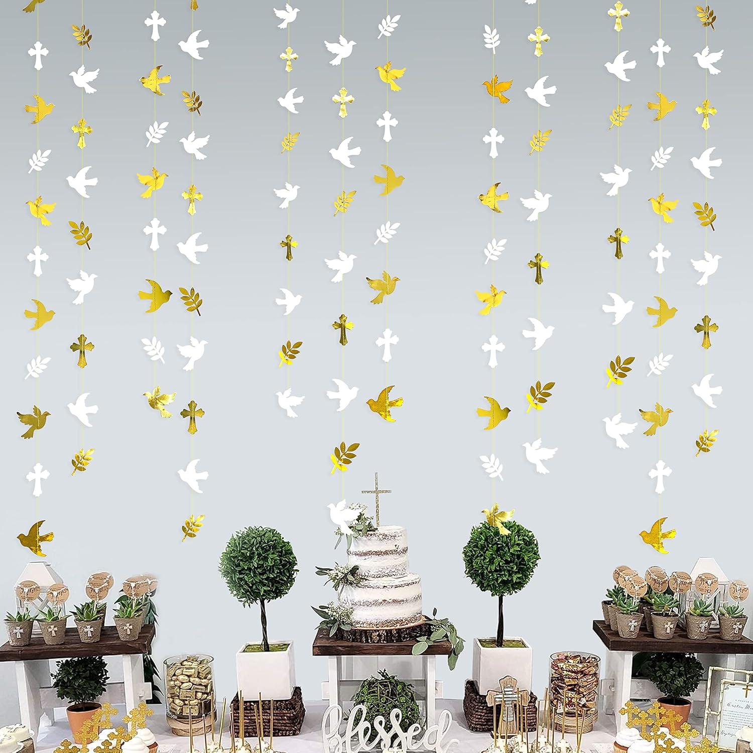 Guirnalda de papel de cruz de hojas de olivo doradas y blancas de 40 pies para primavera, boda, baby shower, cumpleaños, compromiso, primera