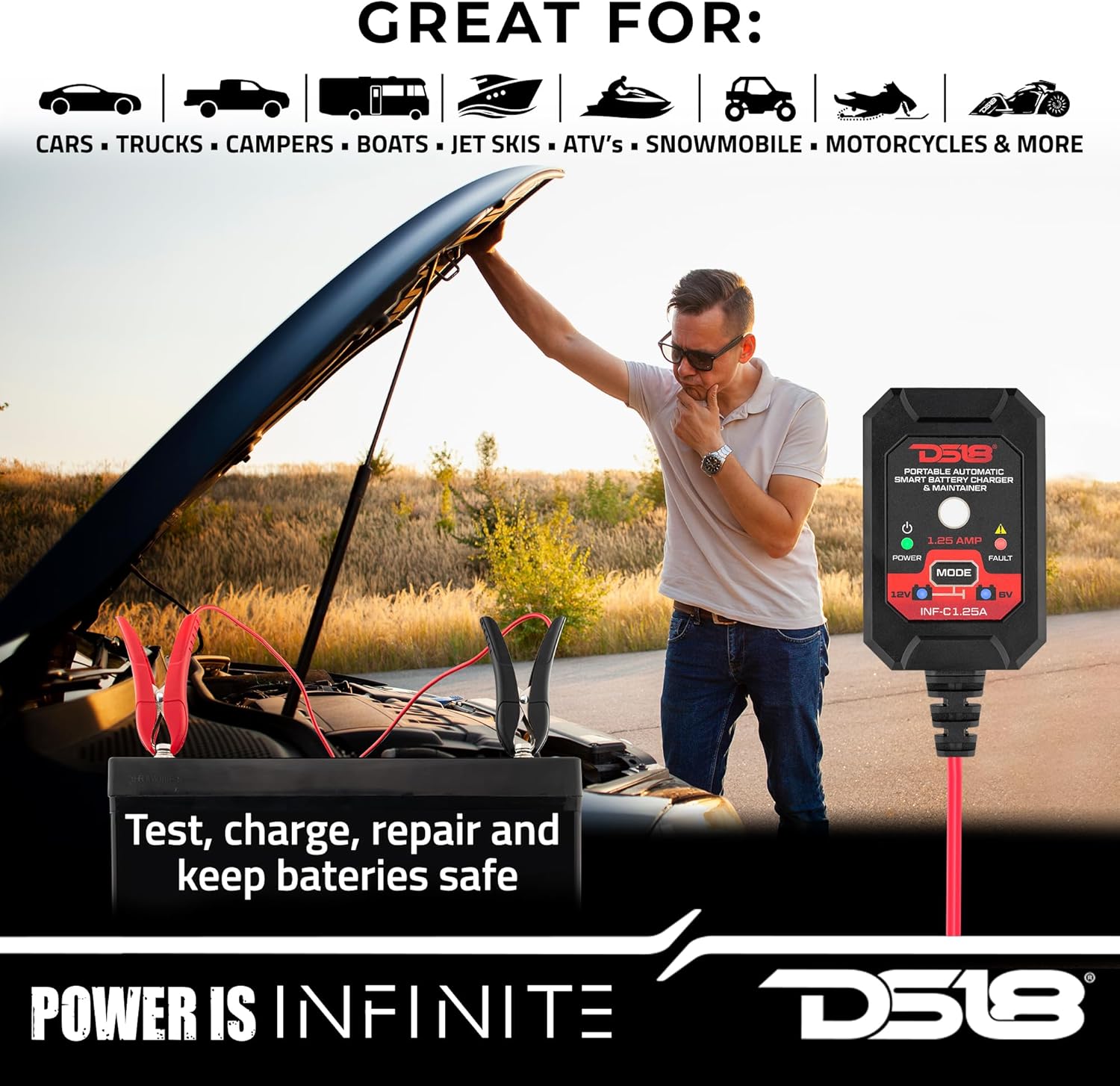 DS18 INF-C1.25A 1.25A Cargador de batería inteligente de coche, cargador automotriz de 6 V y 12 V, mantenedor de batería portátil, cargador