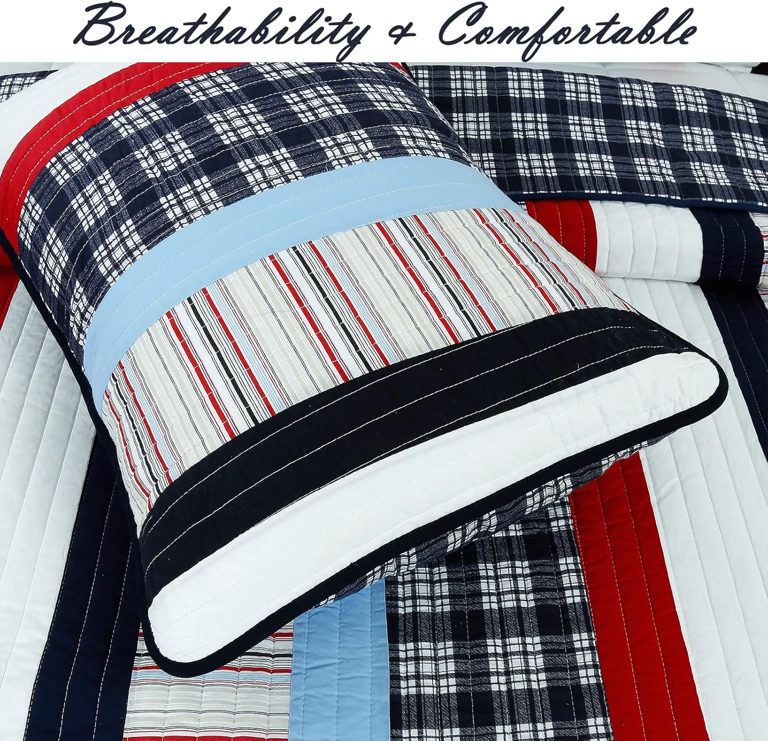 Cozy Line Home Fashions Juego de ropa de cama reversible de 100 % algodón con diseño de rayas rojas y azul marino (Ronnie Varsity, Queen, 3 piezas 1