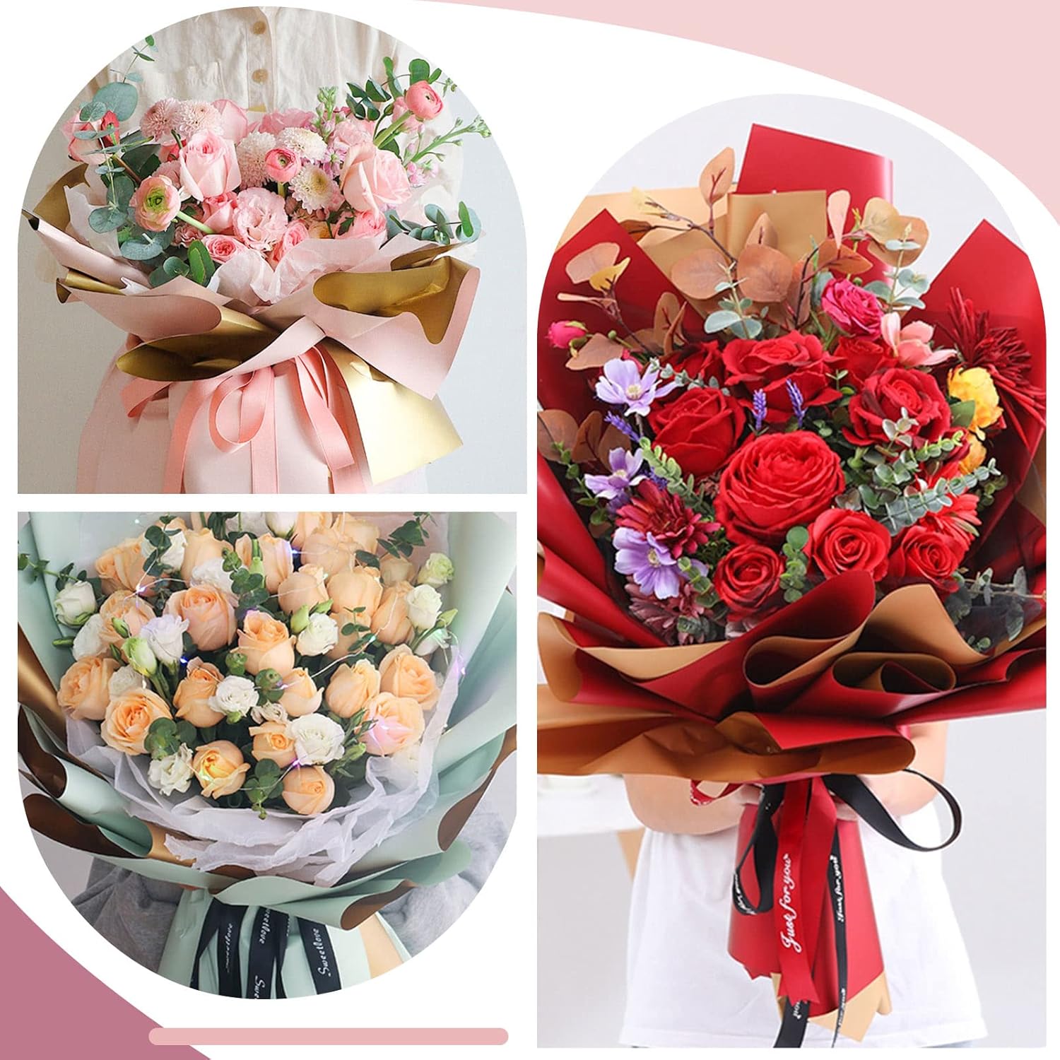 120 hojas de papel de regalo de flores doradas de doble cara, papel de embalaje impermeable de floristería y 3 rollos de cinta de poliéster con