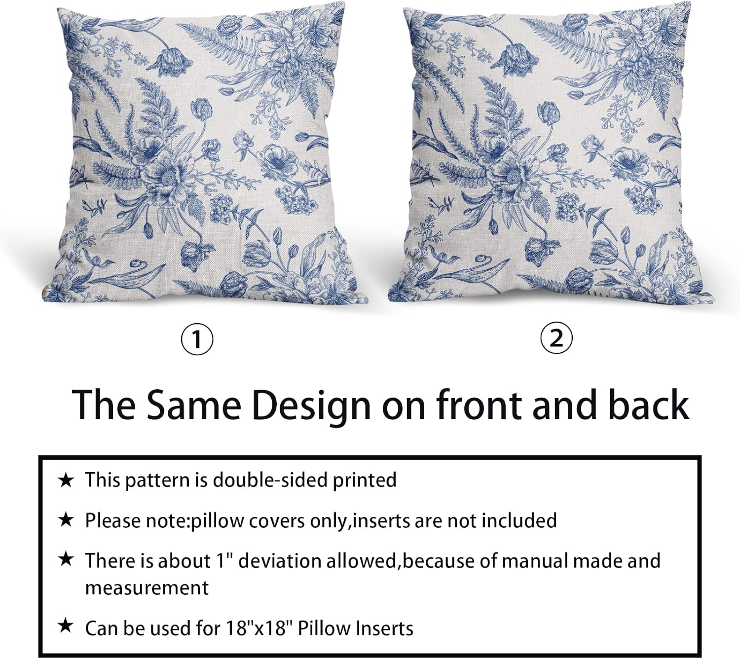 Juego de 2 fundas de almohada de flores azules de 18 x 18 pulgadas, color blanco y azul, fundas de almohada de lino decorativas para exteriores,