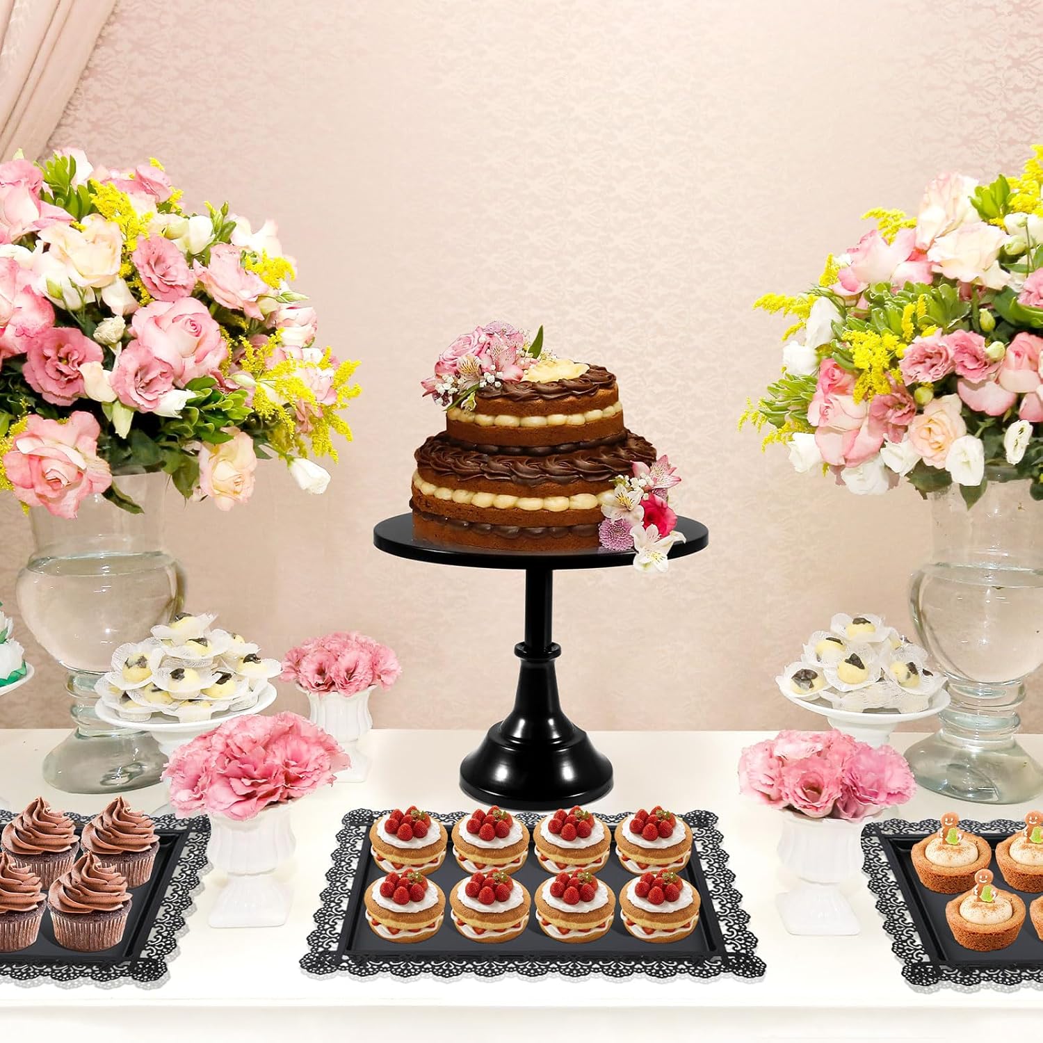 tchrules Juego de soportes negros para tartas, soportes de exhibición de mesa de postres de metal, soporte escalonado para cupcakes con bandejas de
