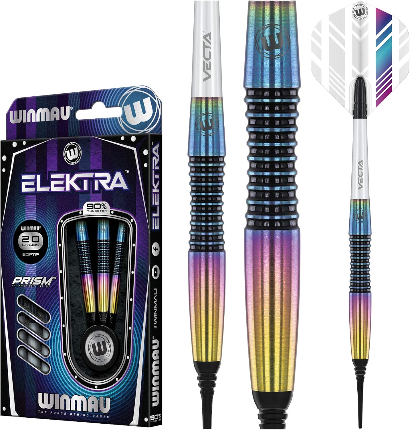 WINMAU Elektra – Dardos de tungsteno 90% con vuelos de prisma y ejes Vecta (tallos) Pesos disponibles de 0.78 oz-0.85 oz-0.92 oz, agarre urbano,