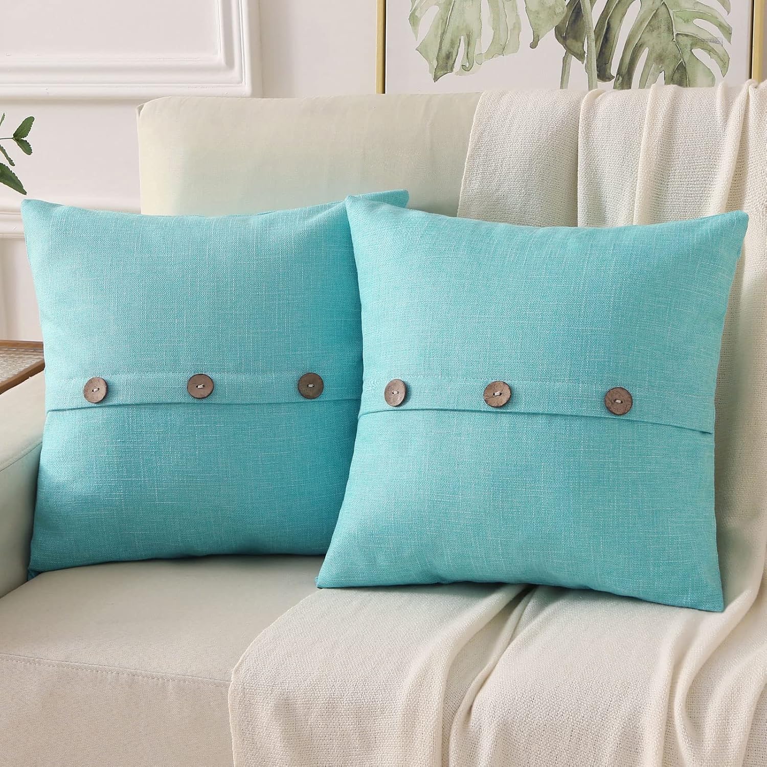 Juego de 2 fundas de almohada decorativas de lino turquesa de 16 x 16 pulgadas, fundas de cojín cuadradas con 3 botones vintage, decoración moderna