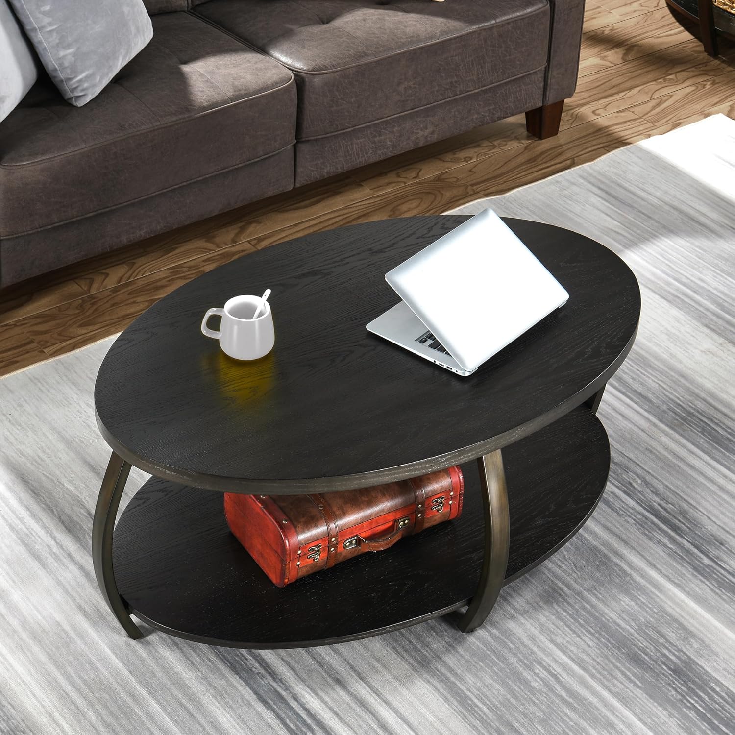 MODERION KFZ2439DK – Mesa auxiliar ovalada con estante de almacenamiento, mesa de té de centro industrial con patas de metal, mesa de sofá lateral