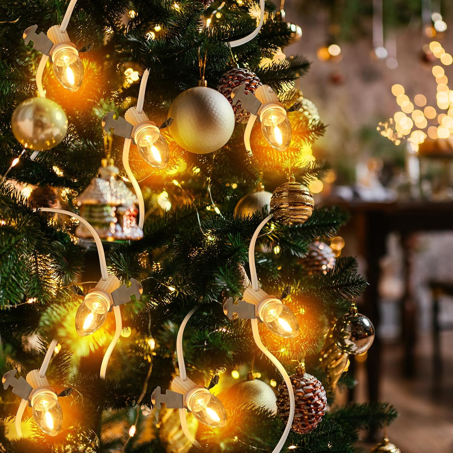 Luces de pueblo de Navidad con 5 bombillas LED de color blanco cálido, decoración para casas de pueblo de Navidad, cable de luz C7