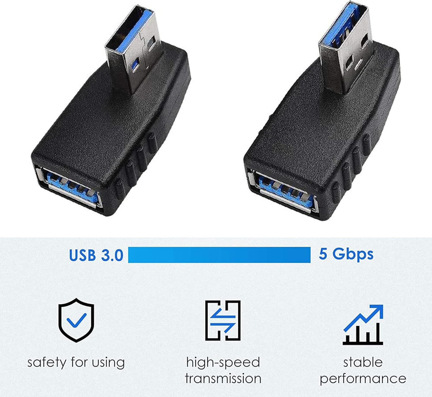 Adaptadores USB 3.0 2 piezas, adaptador USB 3.0 de ángulo recto de 90 grados macho a hembra (incluido adaptador de ángulo izquierdo y recto)