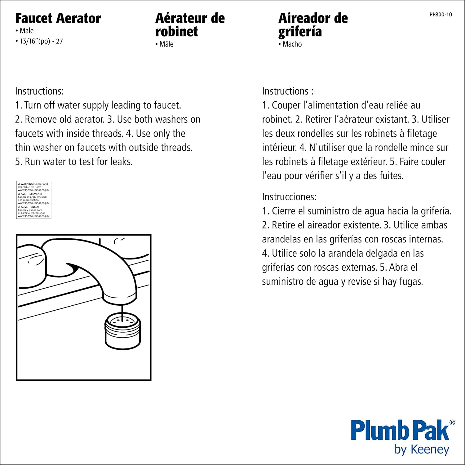 Plumb Pak PP800-10 PlumPak Aireador de grifo, 1316-27 macho, cromado, 2.88 pulgadas de ancho x 3.88 pulgadas de alto, sin tamaño