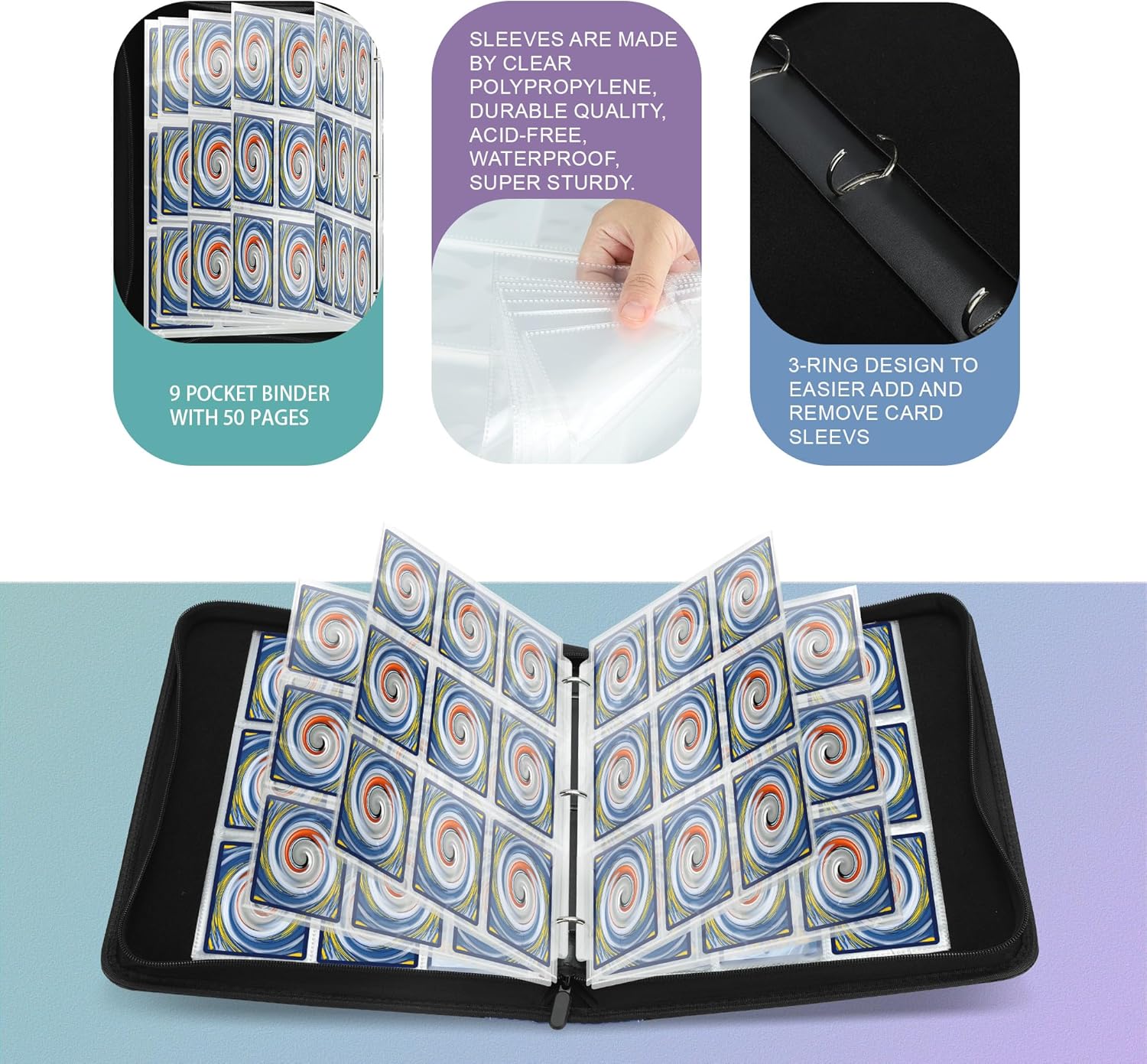 9 Pockets Trading Card Binder with Sleeves Card Organizer, 900 Double Sided Pocket PU Card Collection Binder, Baseball Binder,for Sports Card, MTG,