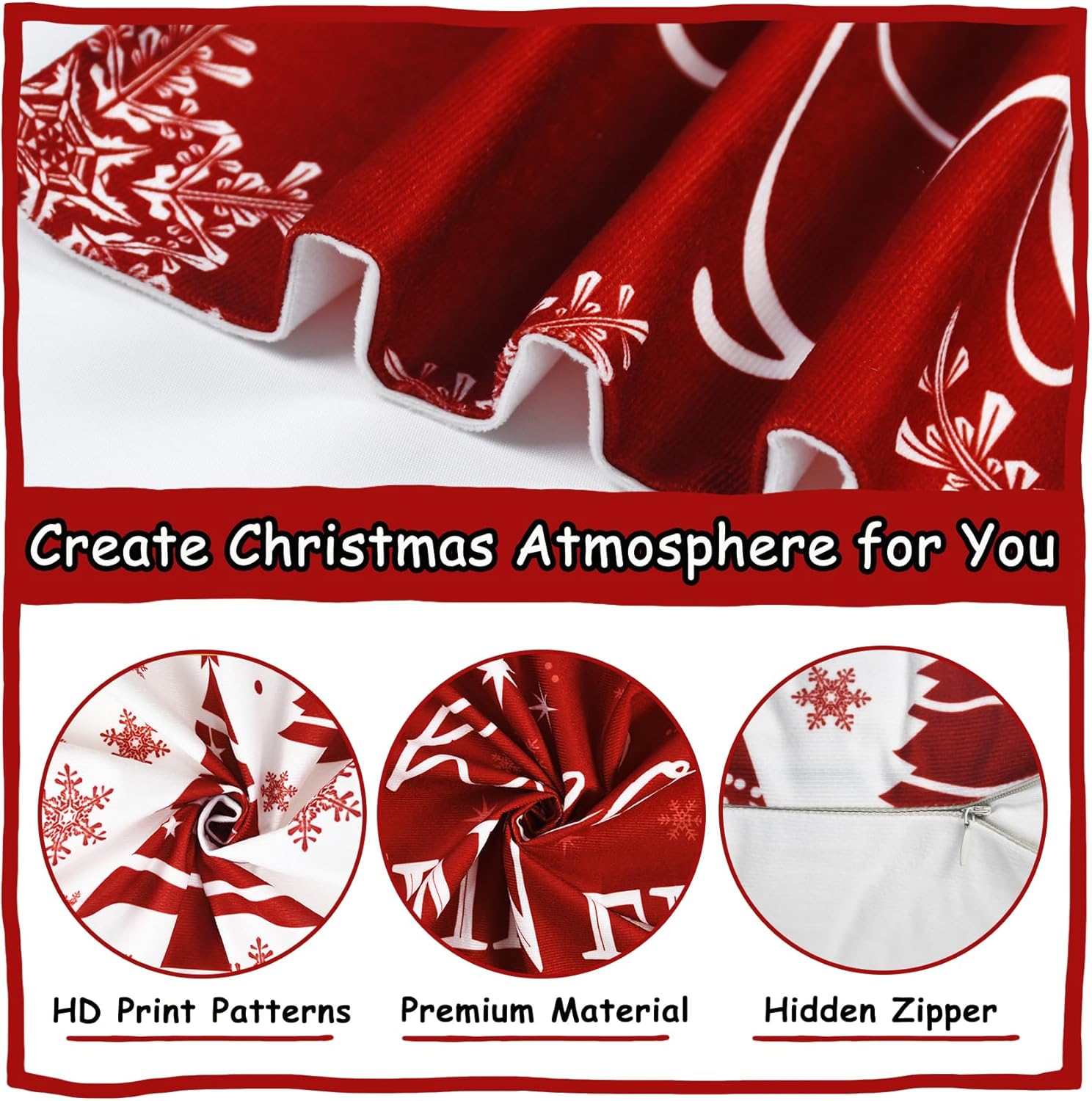 Juego de 4 fundas de almohada rojas de Navidad de 18 x 18 pulgadas, decoraciones navideñas con copos de nieve, fundas de almohada de árbol de
