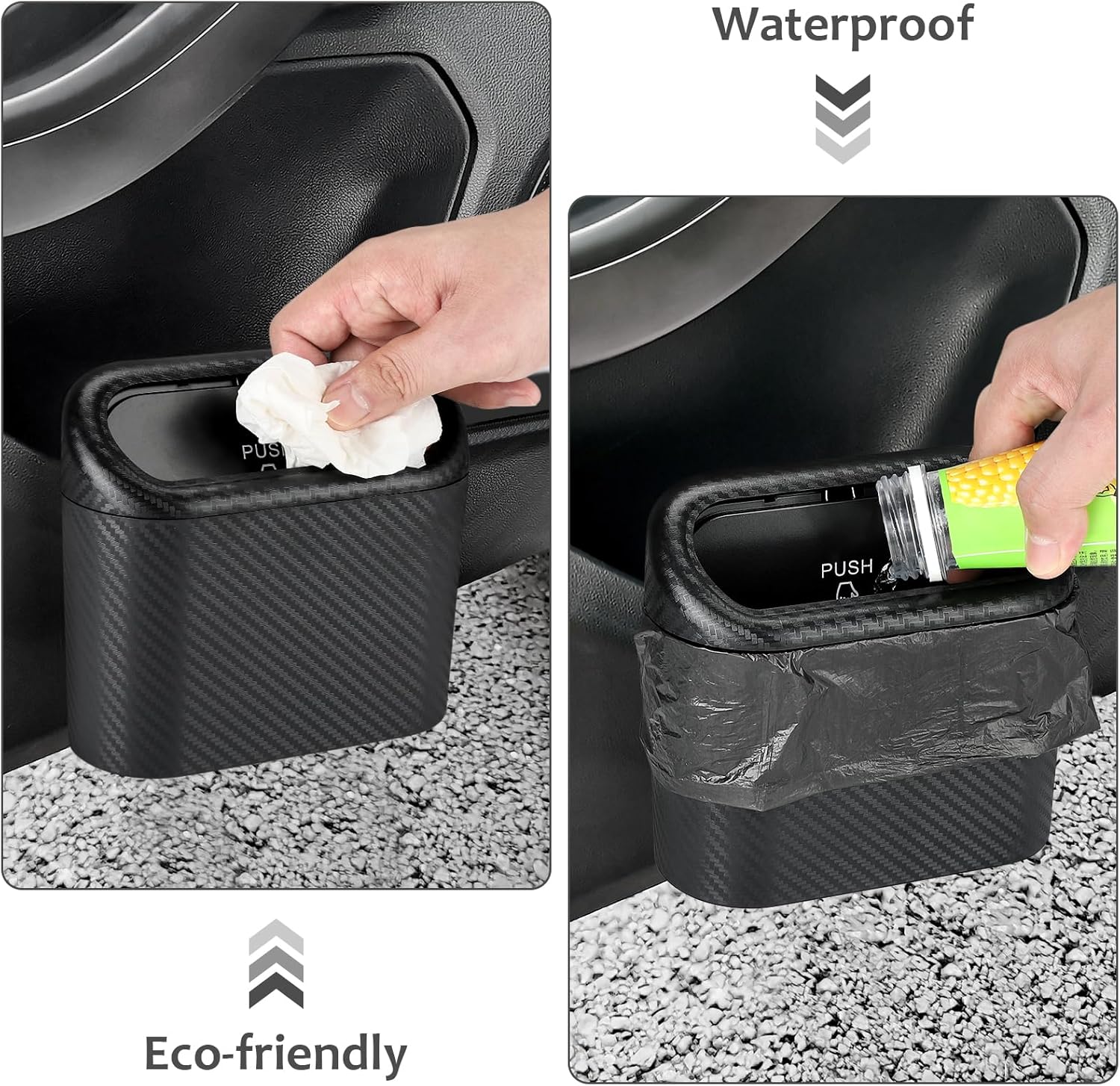 Accmor Cubo de basura para automóvil con tapa, paquete de 2 mini cubos de basura para vehículos, organizador de basura con bolsa de basura,