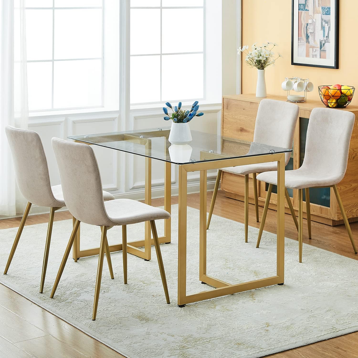 Mesa de comedor de cristal para 4 a 6 personas, mesa rectangular moderna de 47.2 pulgadas con parte superior de vidrio templado transparente y patas