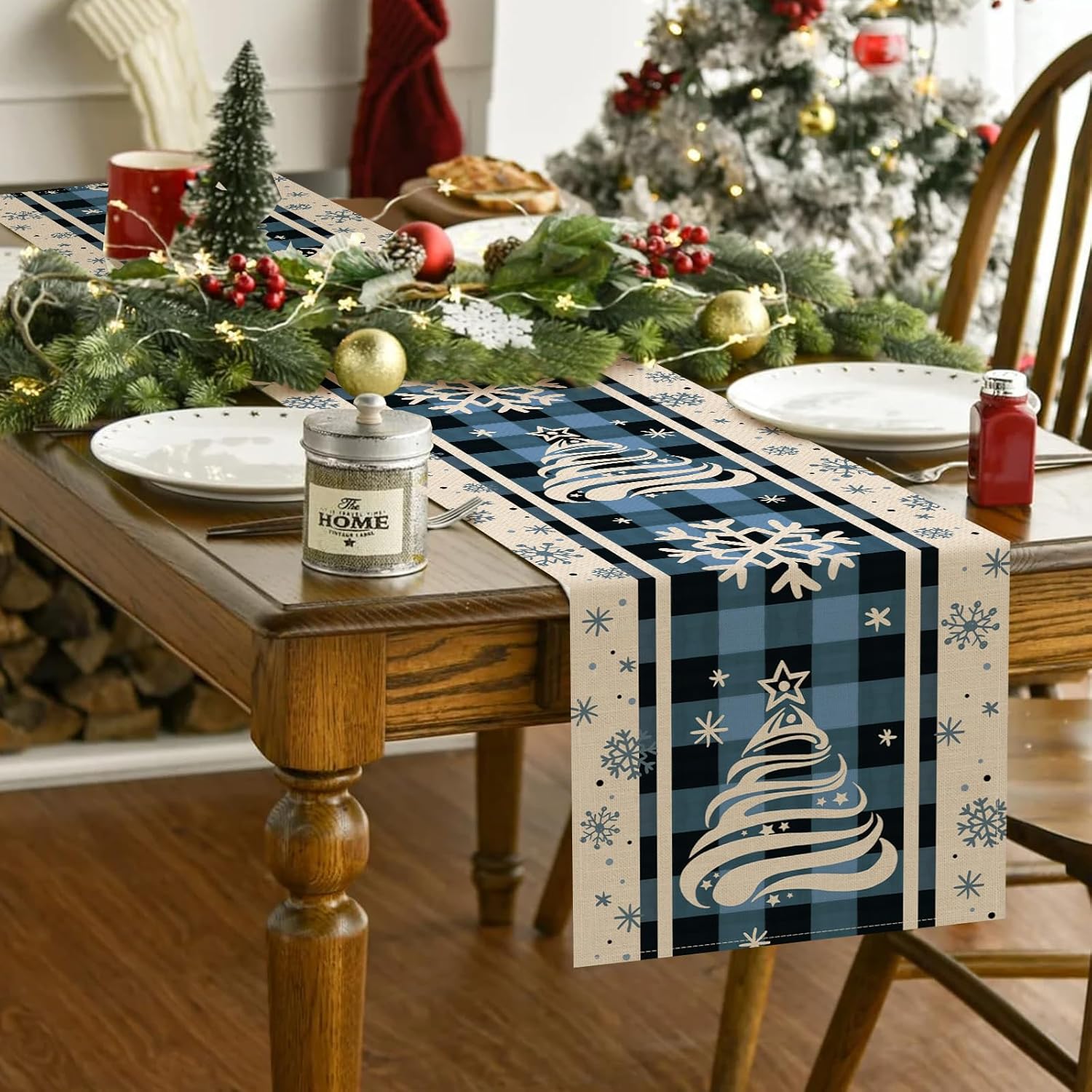 Seliem Camino de mesa de árbol de Navidad con copos de nieve de invierno, decoración de mesa de comedor de búfalo azul de Navidad, decoración de