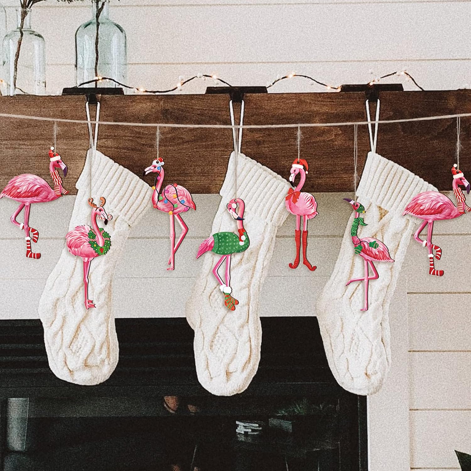 36 adornos para árbol de Navidad de flamenco, adornos colgantes de flamenco rosa, decoración de árbol de Navidad de madera con cuerdas de lino para