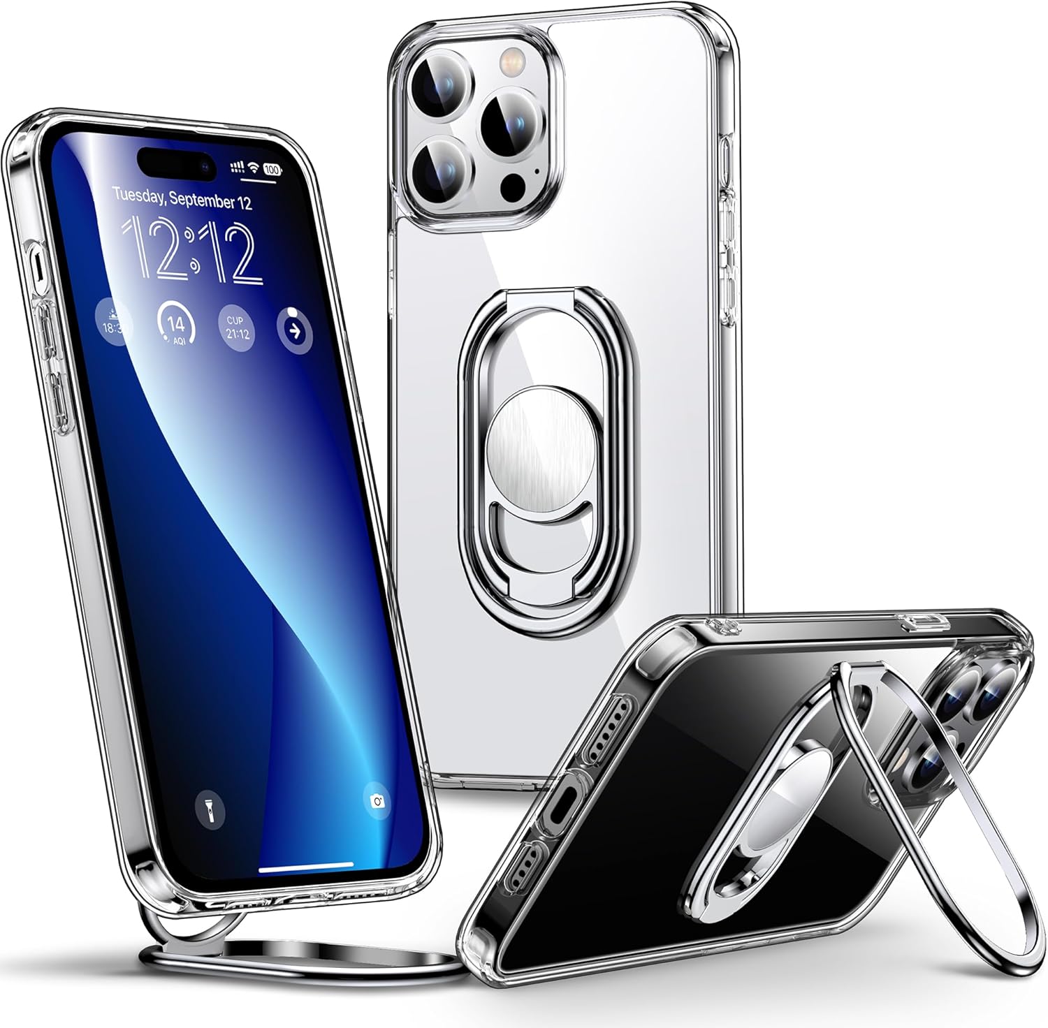 Shields Up Funda para iPhone 15 Pro Max con soporte, funda transparente con soporte de doble anillo ajustable y plegable a prueba de golpes para