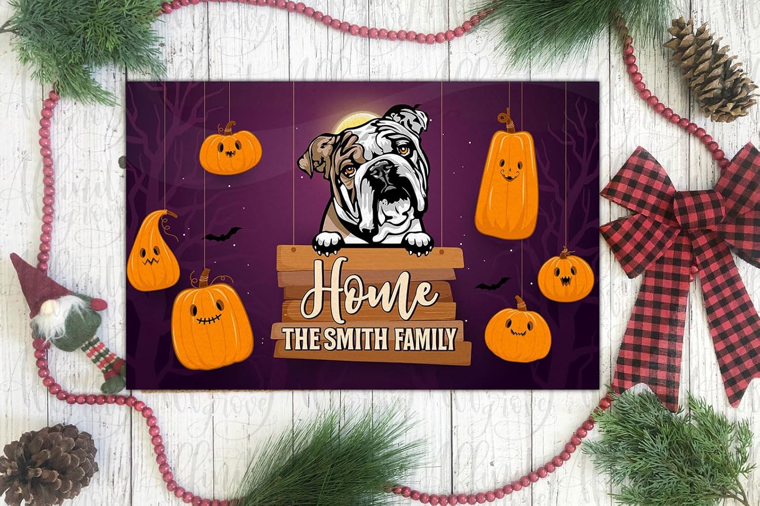 Kobalo Tapete personalizado de bulldog inglés, divertido tapete de Halloween para puerta de perro, calabaza aterradora, felpudo de bienvenida, para