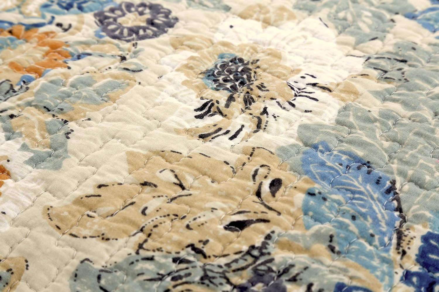 Cozy Line Home Fashions Juego de edredón clásico de lujo, 100% algodón, color beige, azul, floral, rosa, flores, estilo bohemio, colcha reversible