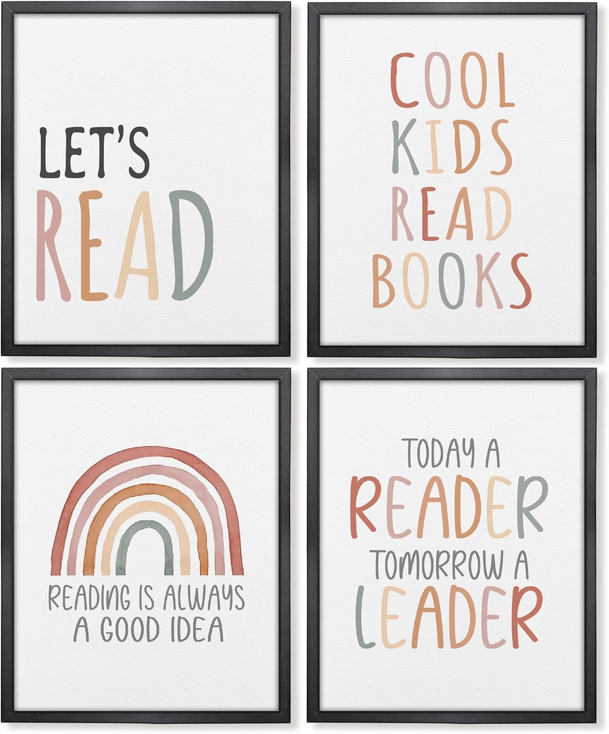 GOXFOC Let’s Read – Juego de 4 impresiones artísticas neutras de arco iris, sin marco, a la moda, bohemio, preppy, para niños, leer libros, pósteres