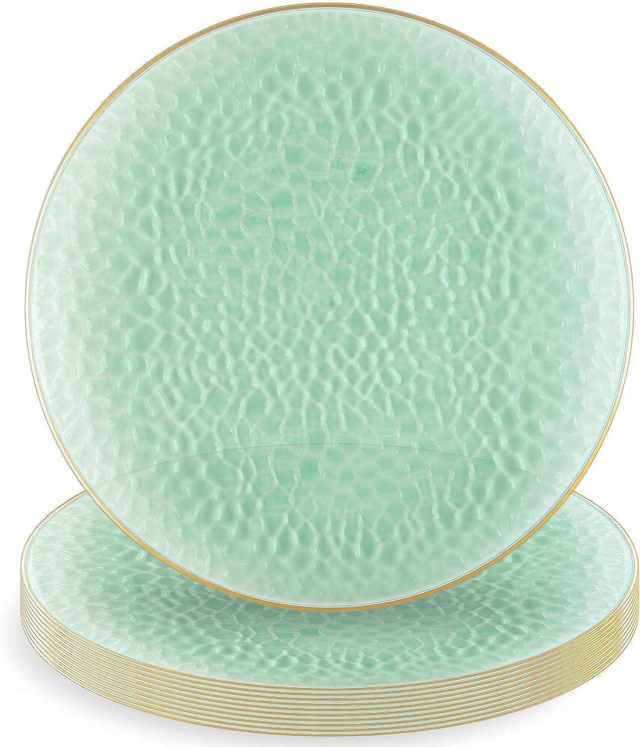 Blue Sky Platos redondos de plástico verde martillado orgánico con borde dorado, 7 pulgadas (10 unidades)  Elegante vajilla desechable para fiestas
