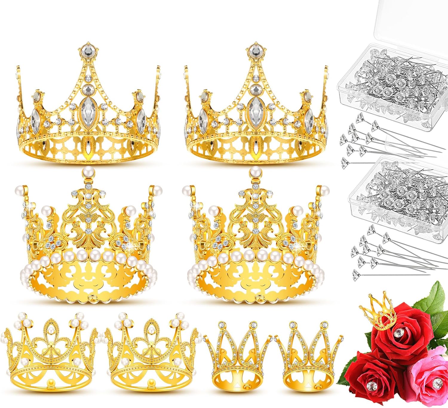 208 piezas de accesorios para ramo de flores incluyen 200 ramos de diamantes de imitación ramilletes y 8 mini tiara dorada corona de pastel para