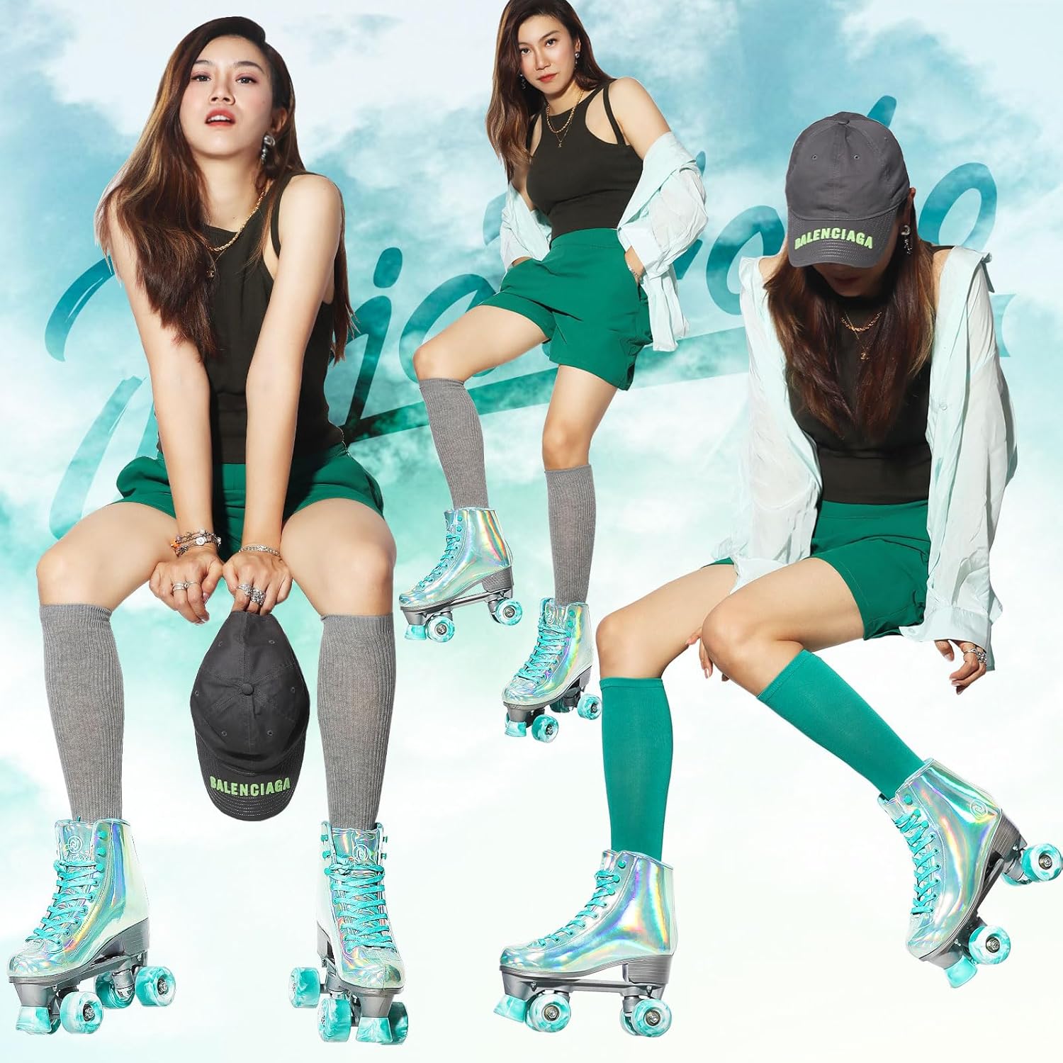 Patines holográficos para mujer, patines brillantes de doble fila, cuatro ruedas, cuatro ruedas, patines para niñas para exteriores (verde)